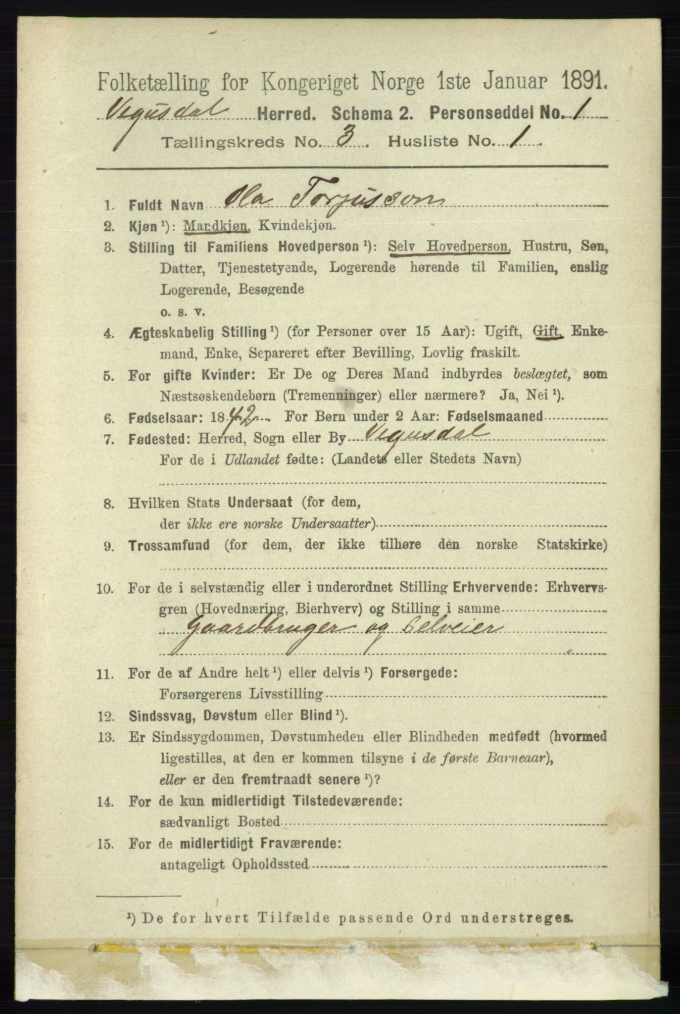 RA, 1891 census for 0934 Vegusdal, 1891, p. 553