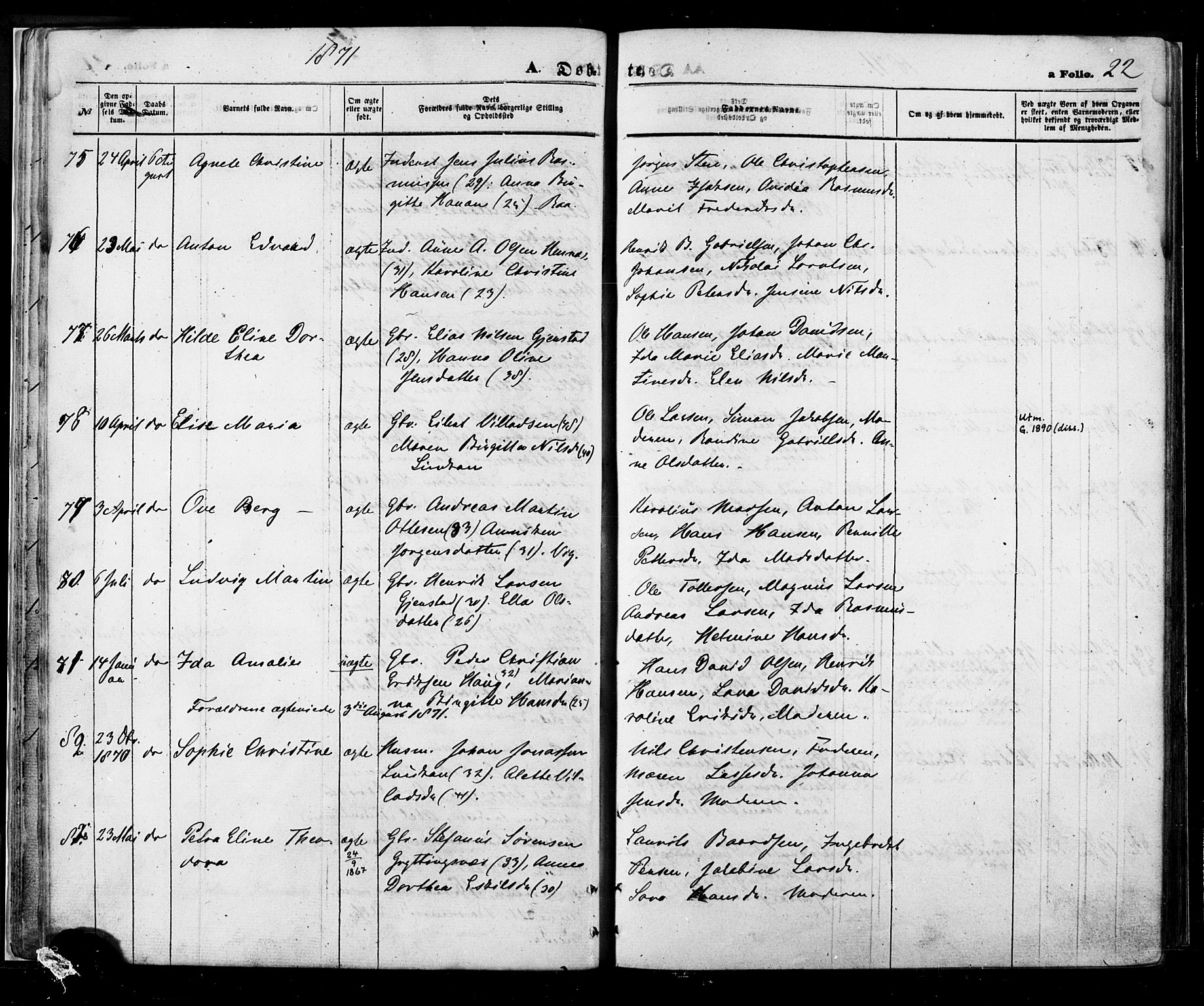 Ministerialprotokoller, klokkerbøker og fødselsregistre - Nordland, SAT/A-1459/888/L1242: Parish register (official) no. 888A08, 1870-1875, p. 22