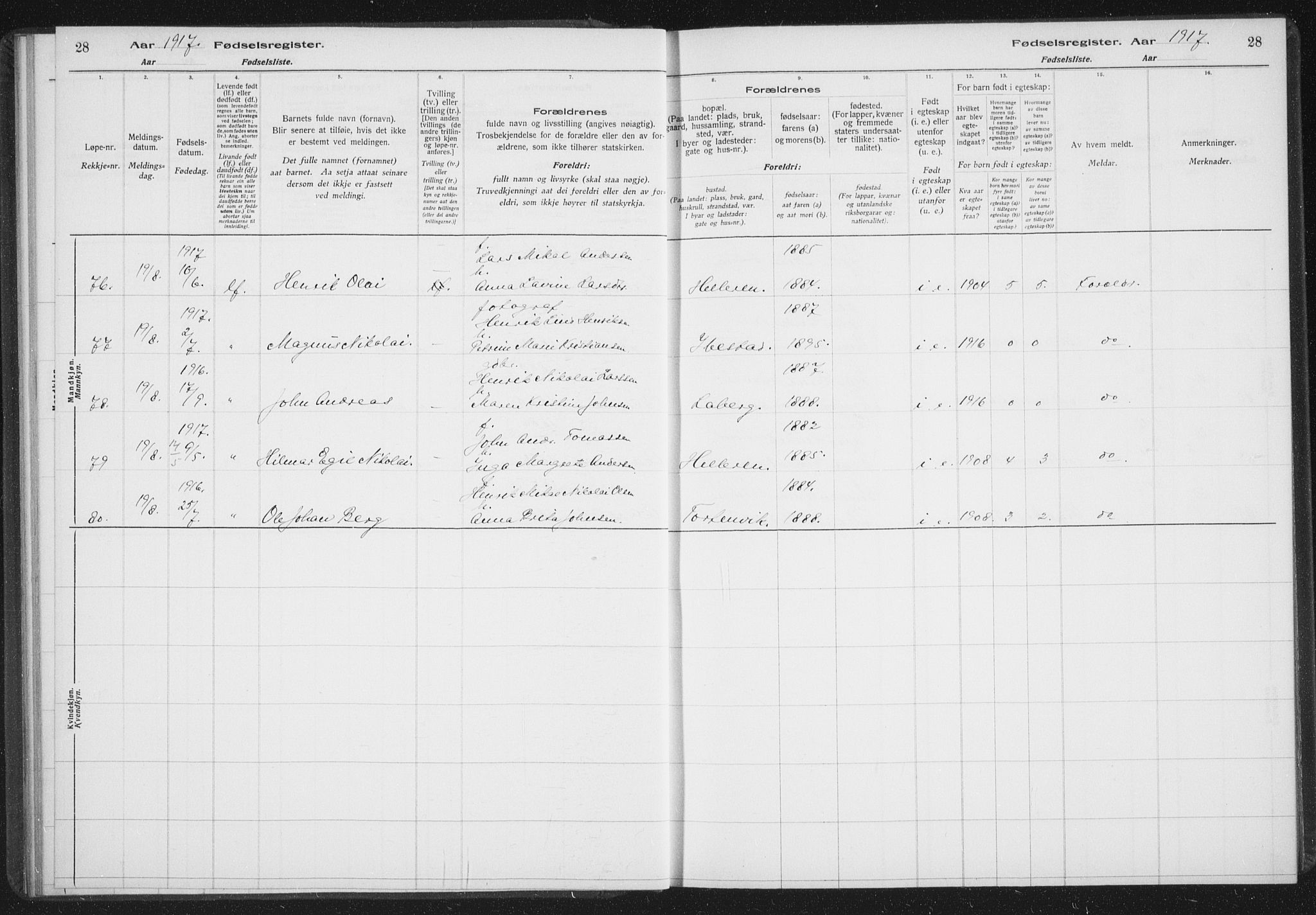 Ibestad sokneprestembete, AV/SATØ-S-0077/I/Ic/L0061: Birth register no. 61, 1917-1929, p. 28