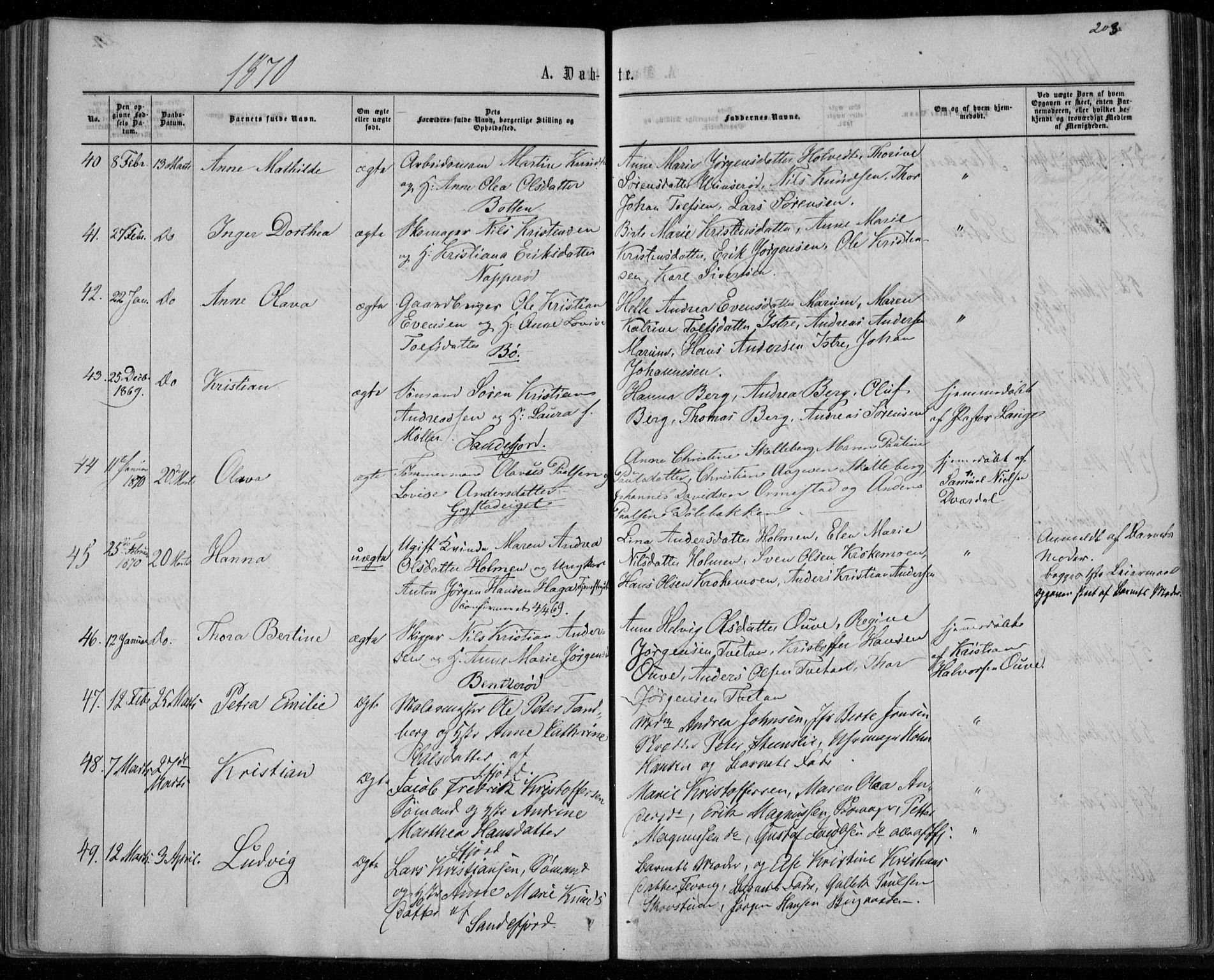 Sandar kirkebøker, SAKO/A-243/F/Fa/L0008: Parish register (official) no. 8, 1862-1871, p. 203