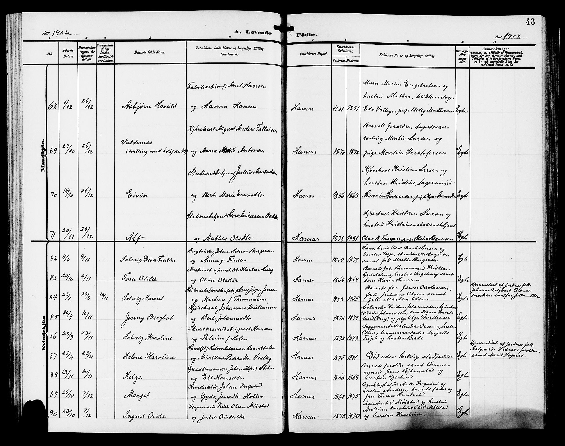 Hamar prestekontor, SAH/DOMPH-002/H/Ha/Hab/L0001: Parish register (copy) no. 1, 1899-1914, p. 43