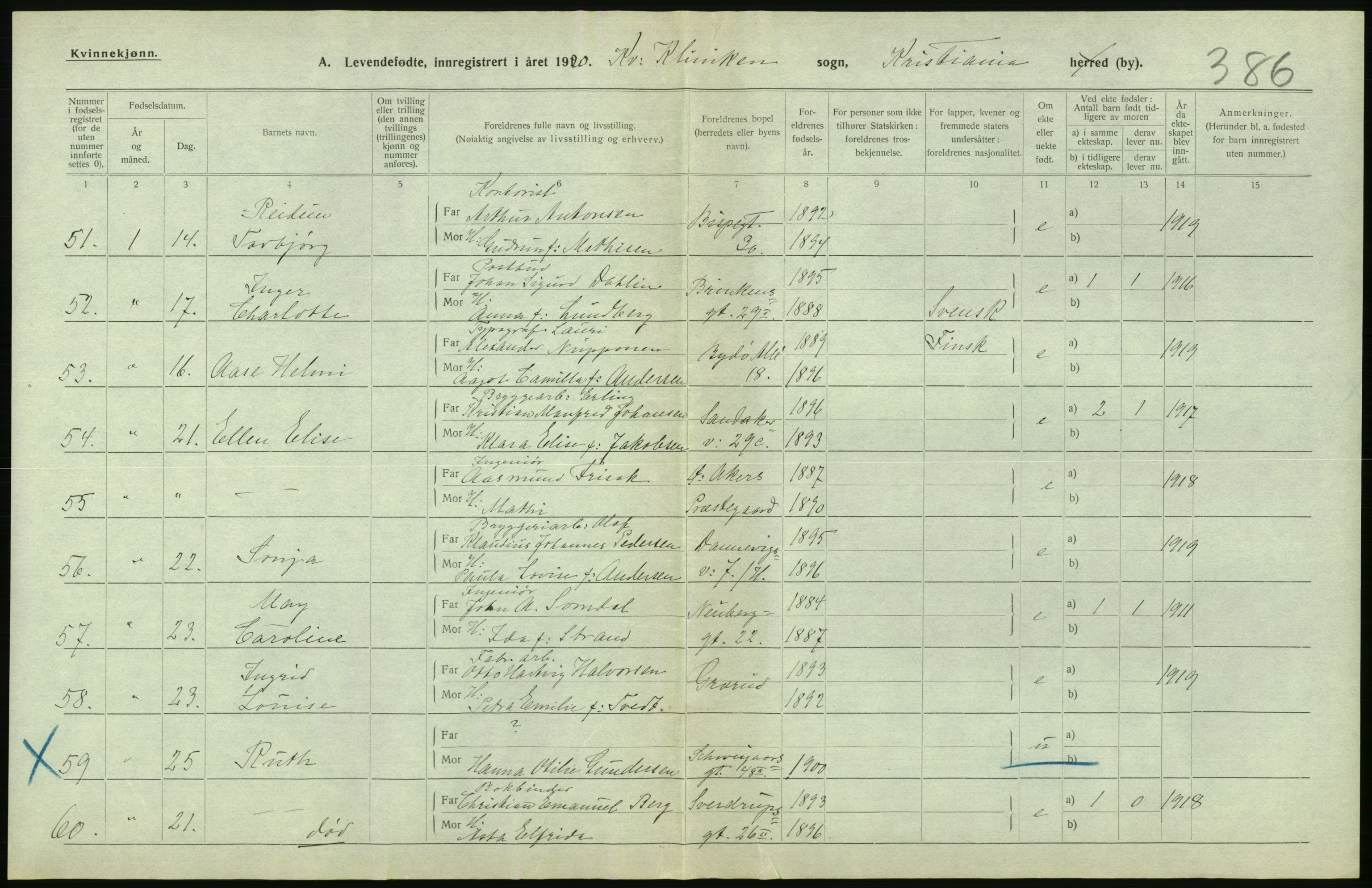 Statistisk sentralbyrå, Sosiodemografiske emner, Befolkning, AV/RA-S-2228/D/Df/Dfb/Dfbj/L0008: Kristiania: Levendefødte menn og kvinner., 1920, p. 536