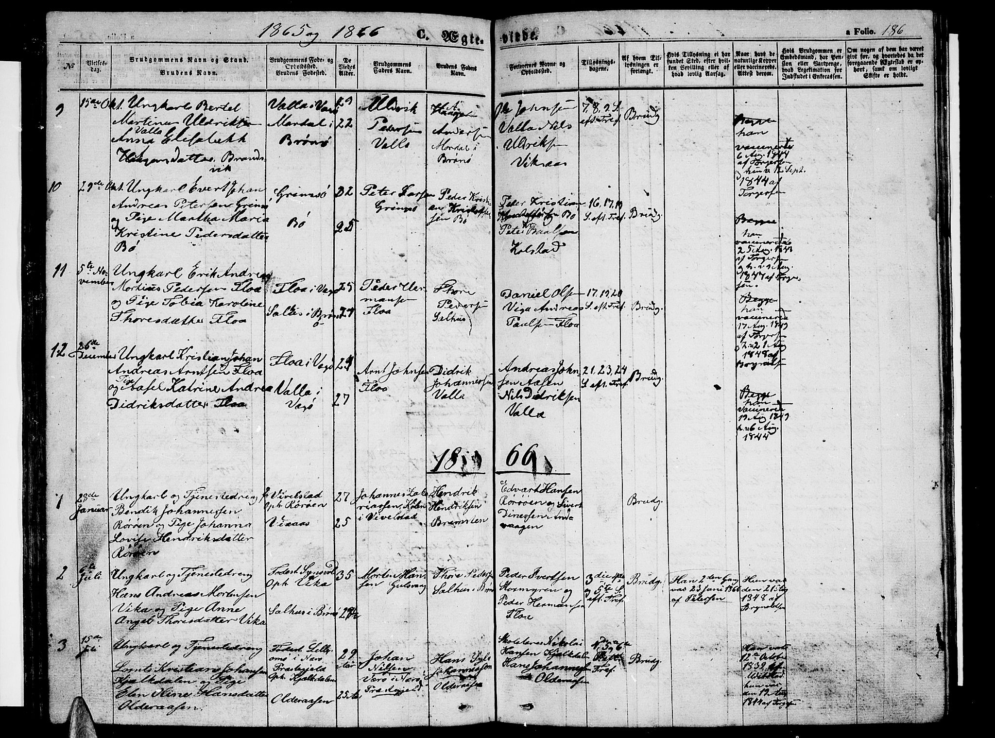Ministerialprotokoller, klokkerbøker og fødselsregistre - Nordland, SAT/A-1459/816/L0251: Parish register (copy) no. 816C01, 1852-1870, p. 186
