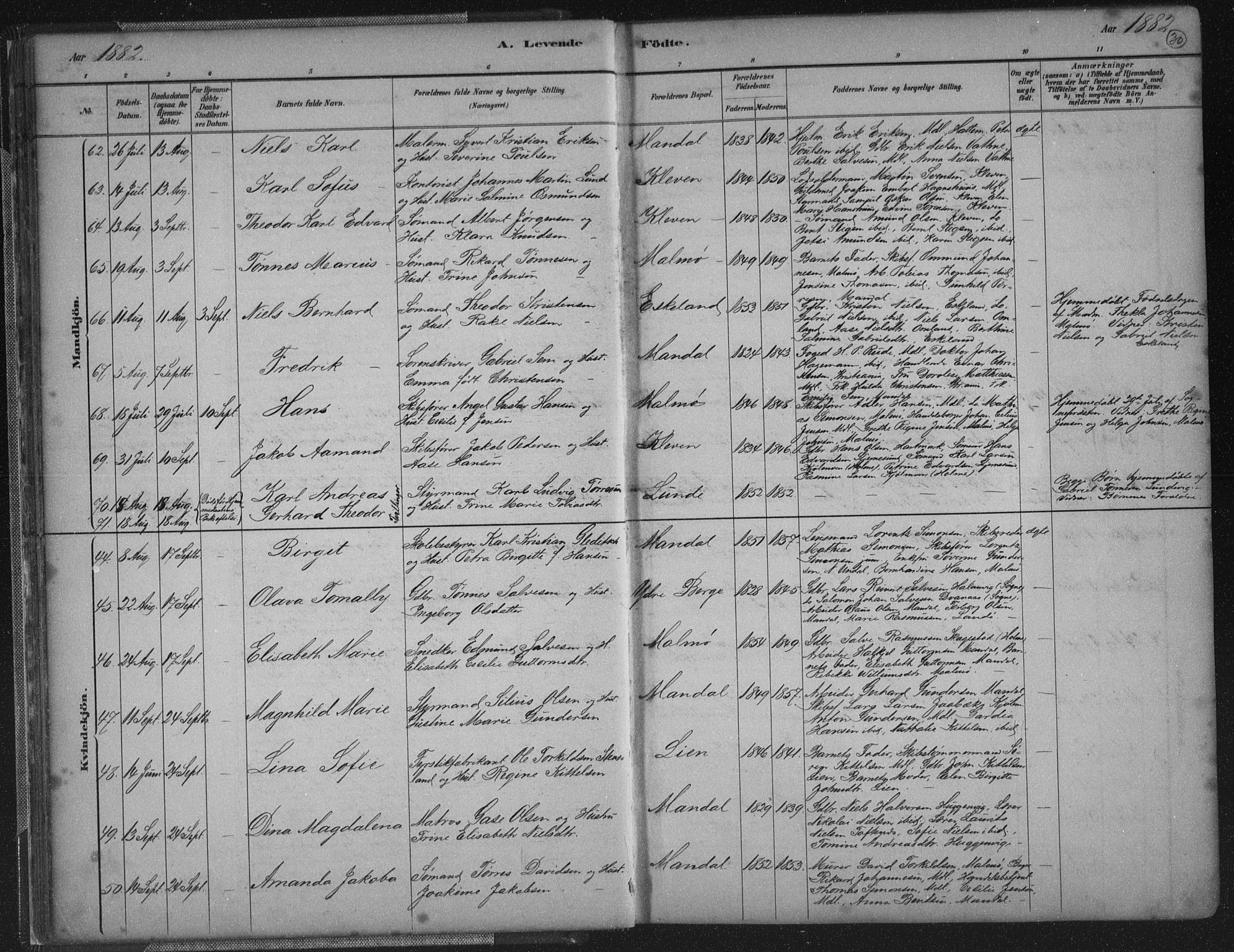 Mandal sokneprestkontor, SAK/1111-0030/F/Fb/Fba/L0011: Parish register (copy) no. B 5, 1880-1898, p. 30