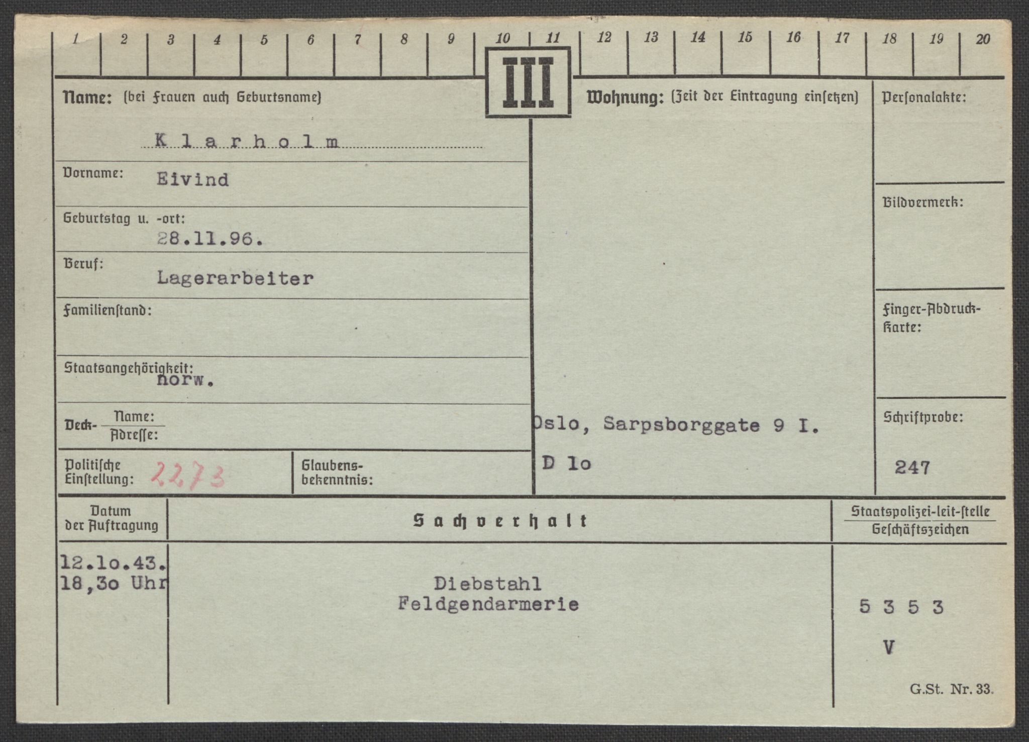 Befehlshaber der Sicherheitspolizei und des SD, AV/RA-RAFA-5969/E/Ea/Eaa/L0006: Register over norske fanger i Møllergata 19: Kj-Lund, 1940-1945, p. 70