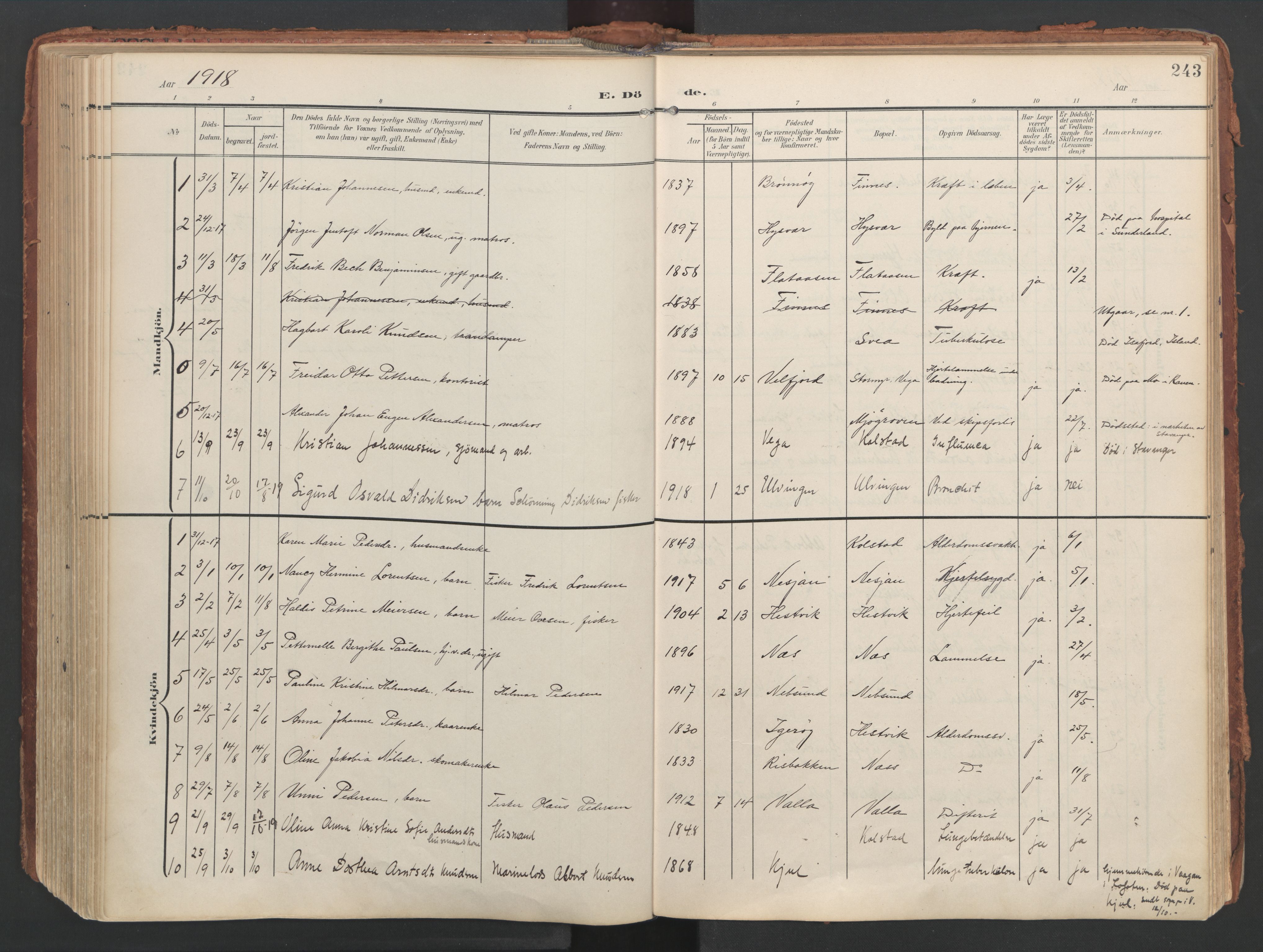 Ministerialprotokoller, klokkerbøker og fødselsregistre - Nordland, AV/SAT-A-1459/816/L0250: Parish register (official) no. 816A16, 1903-1923, p. 243