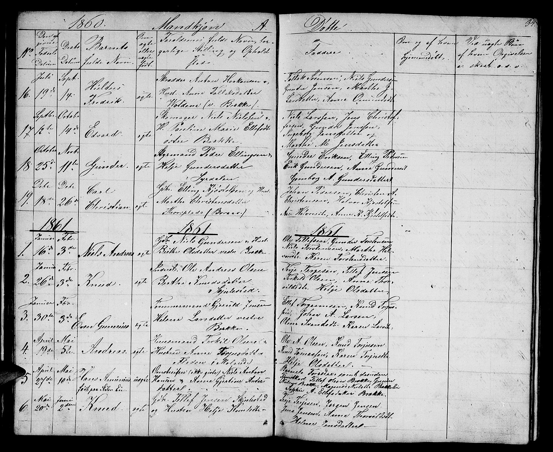 Austre Moland sokneprestkontor, AV/SAK-1111-0001/F/Fb/Fba/L0001: Parish register (copy) no. B 1, 1842-1868, p. 34