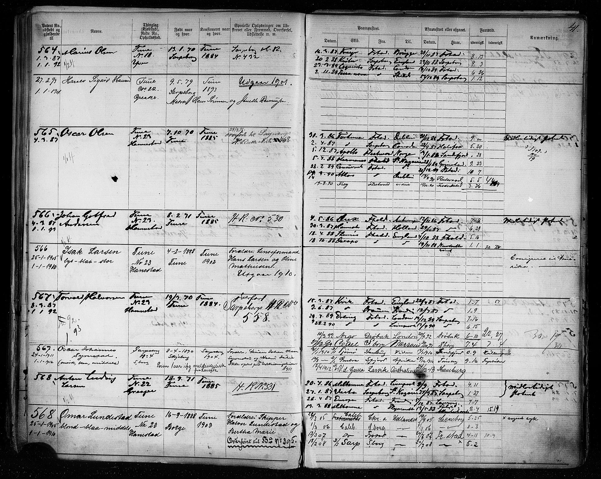 Sarpsborg mønstringskontor, AV/SAO-A-10569c/F/Fc/Fca/L0005: Annotasjonsrulle, 1881-1913, p. 45