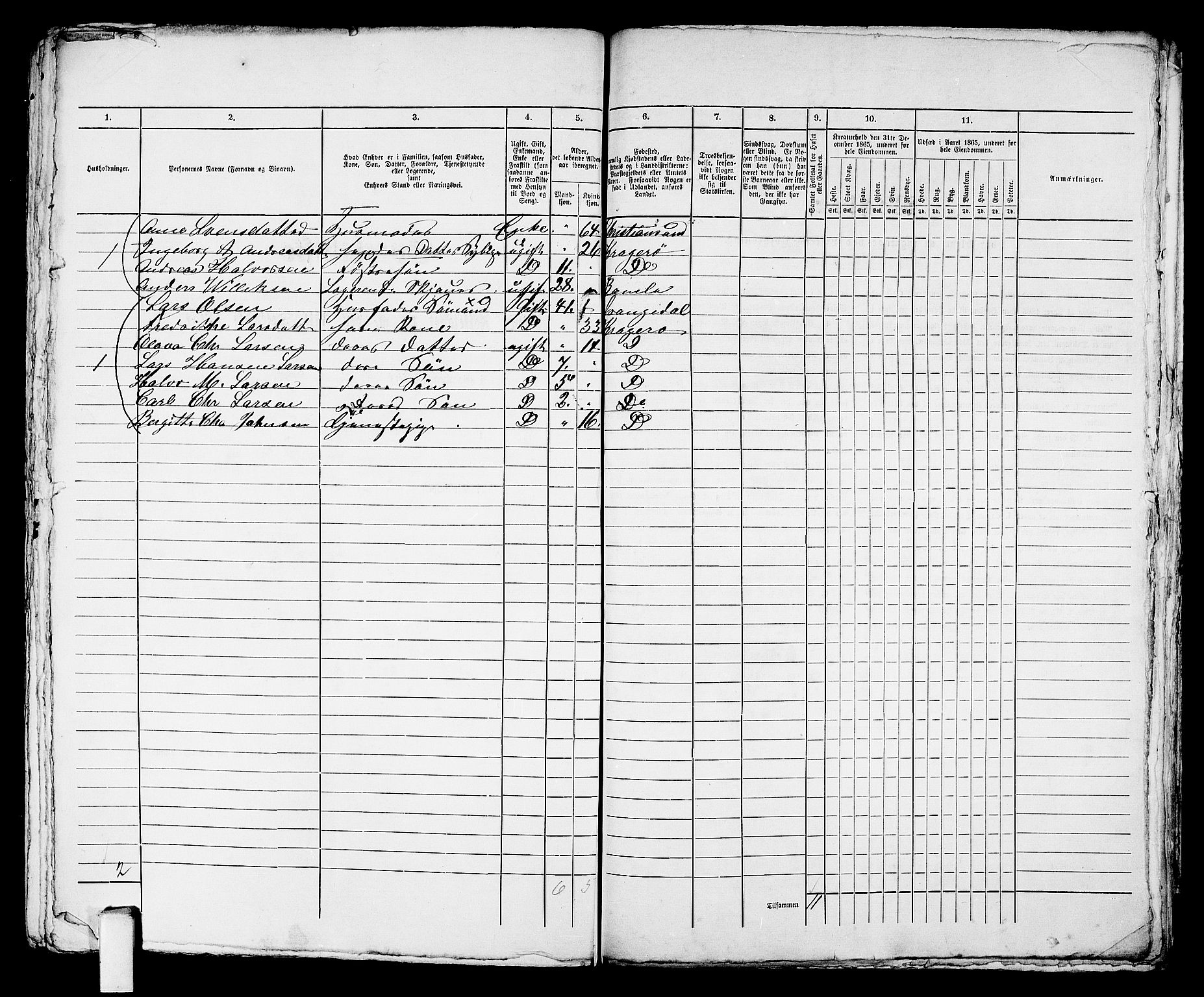 RA, 1865 census for Kragerø/Kragerø, 1865, p. 565