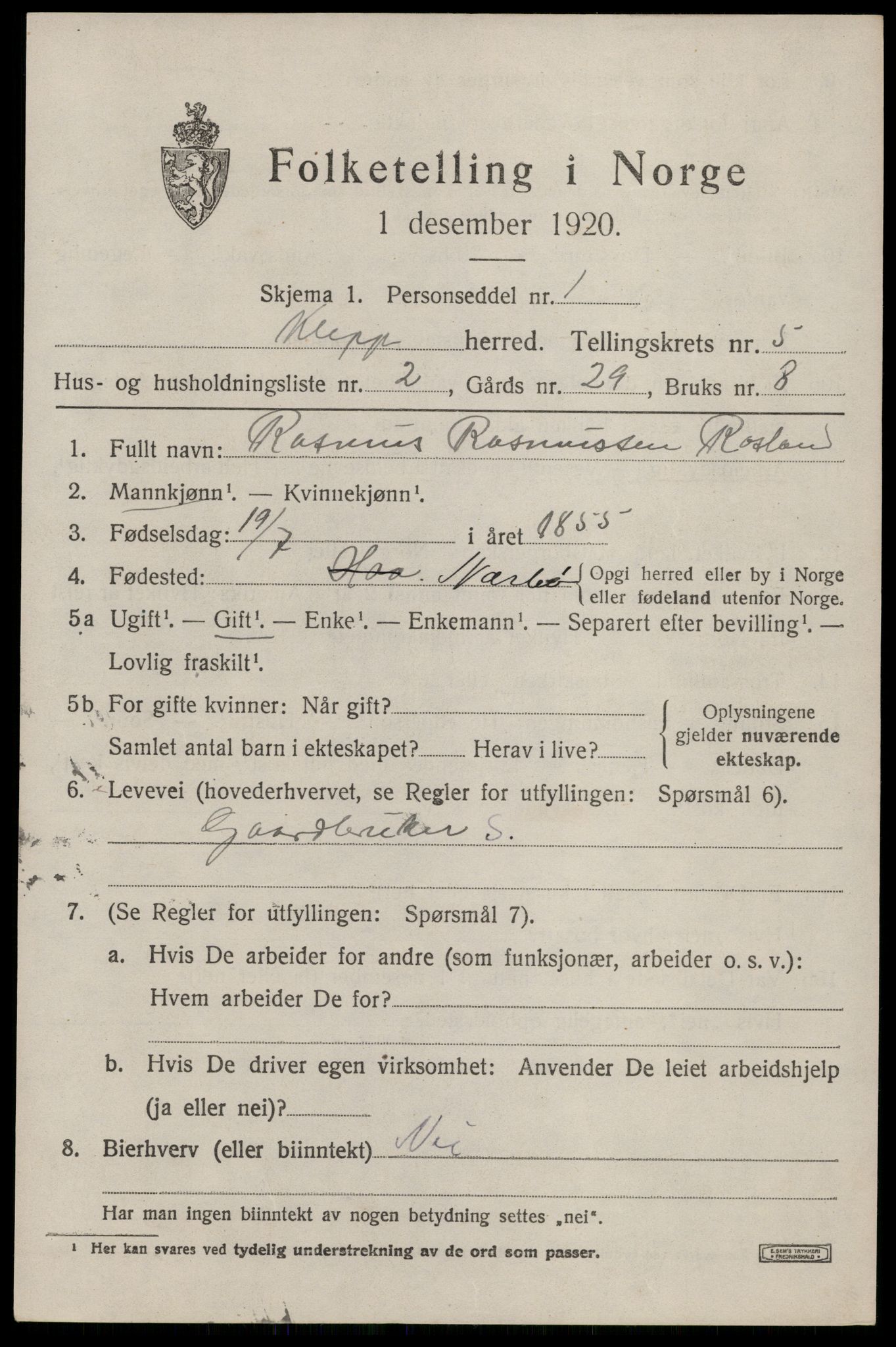 SAST, 1920 census for Klepp, 1920, p. 5358