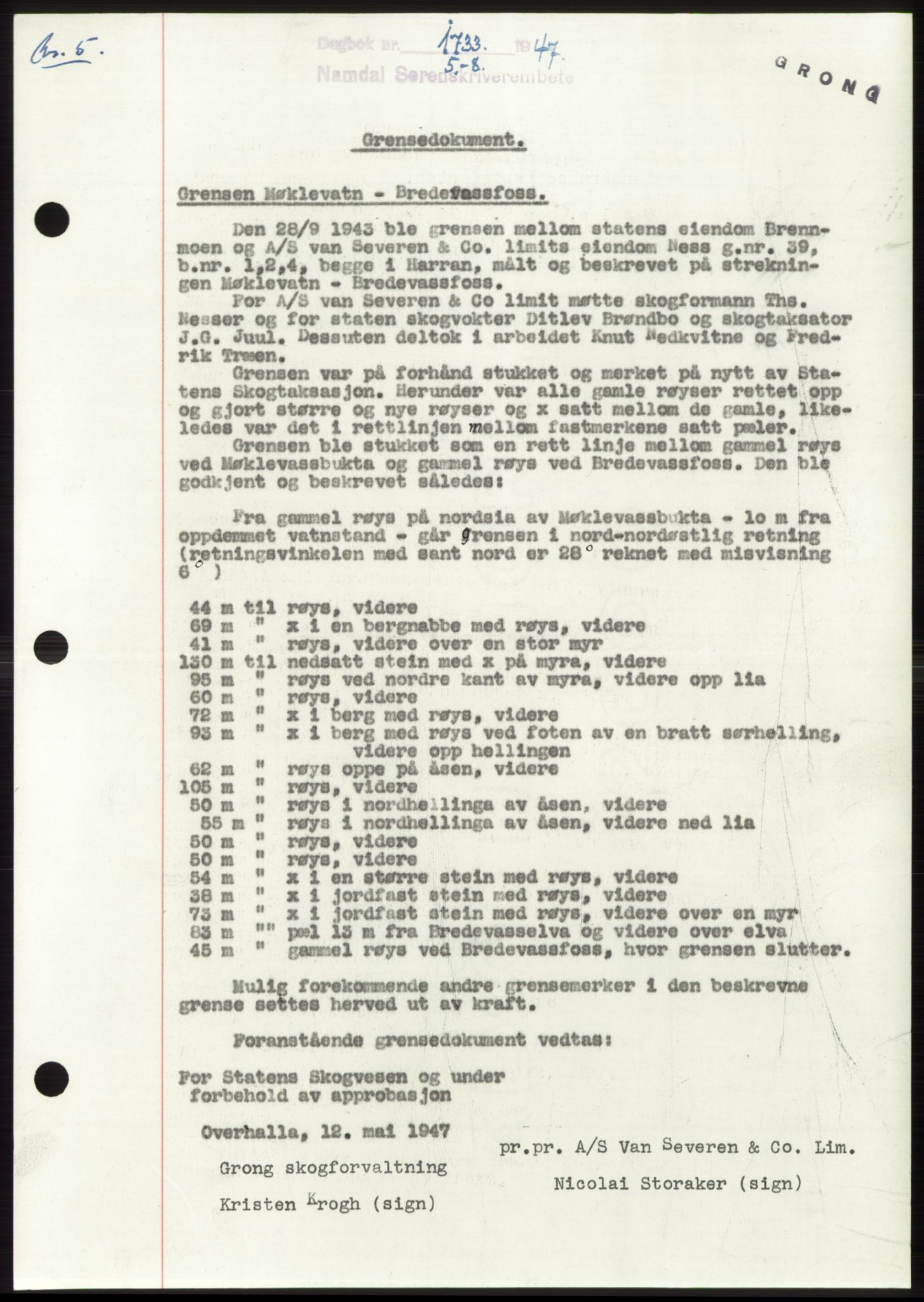 Namdal sorenskriveri, AV/SAT-A-4133/1/2/2C: Mortgage book no. -, 1947-1947, Diary no: : 1733/1947