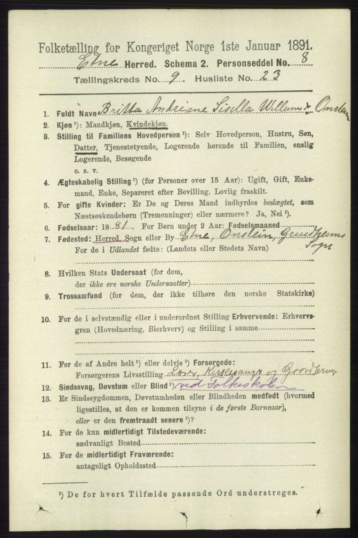 RA, 1891 census for 1211 Etne, 1891, p. 1838