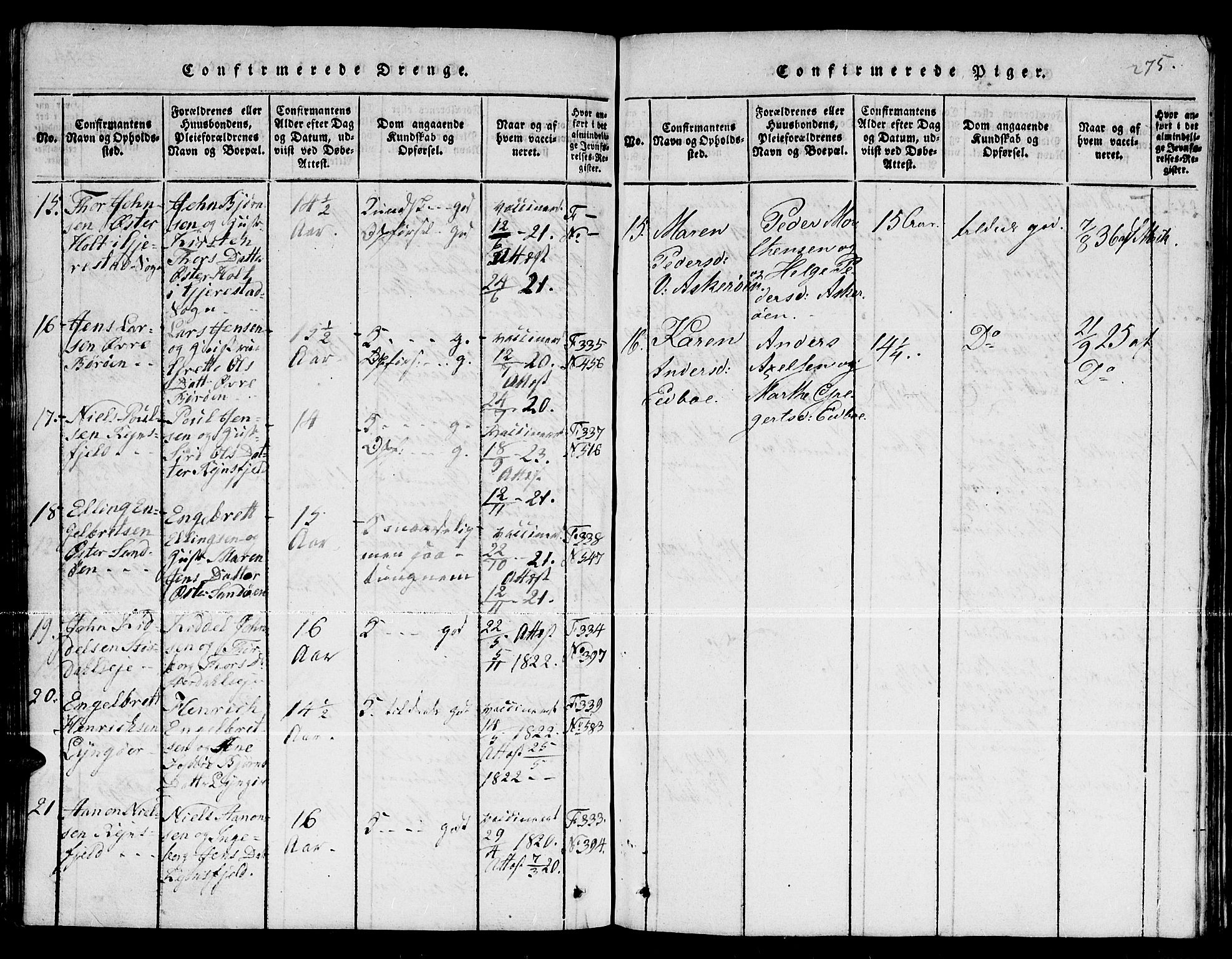 Dypvåg sokneprestkontor, SAK/1111-0007/F/Fb/Fba/L0009: Parish register (copy) no. B 9, 1816-1842, p. 275