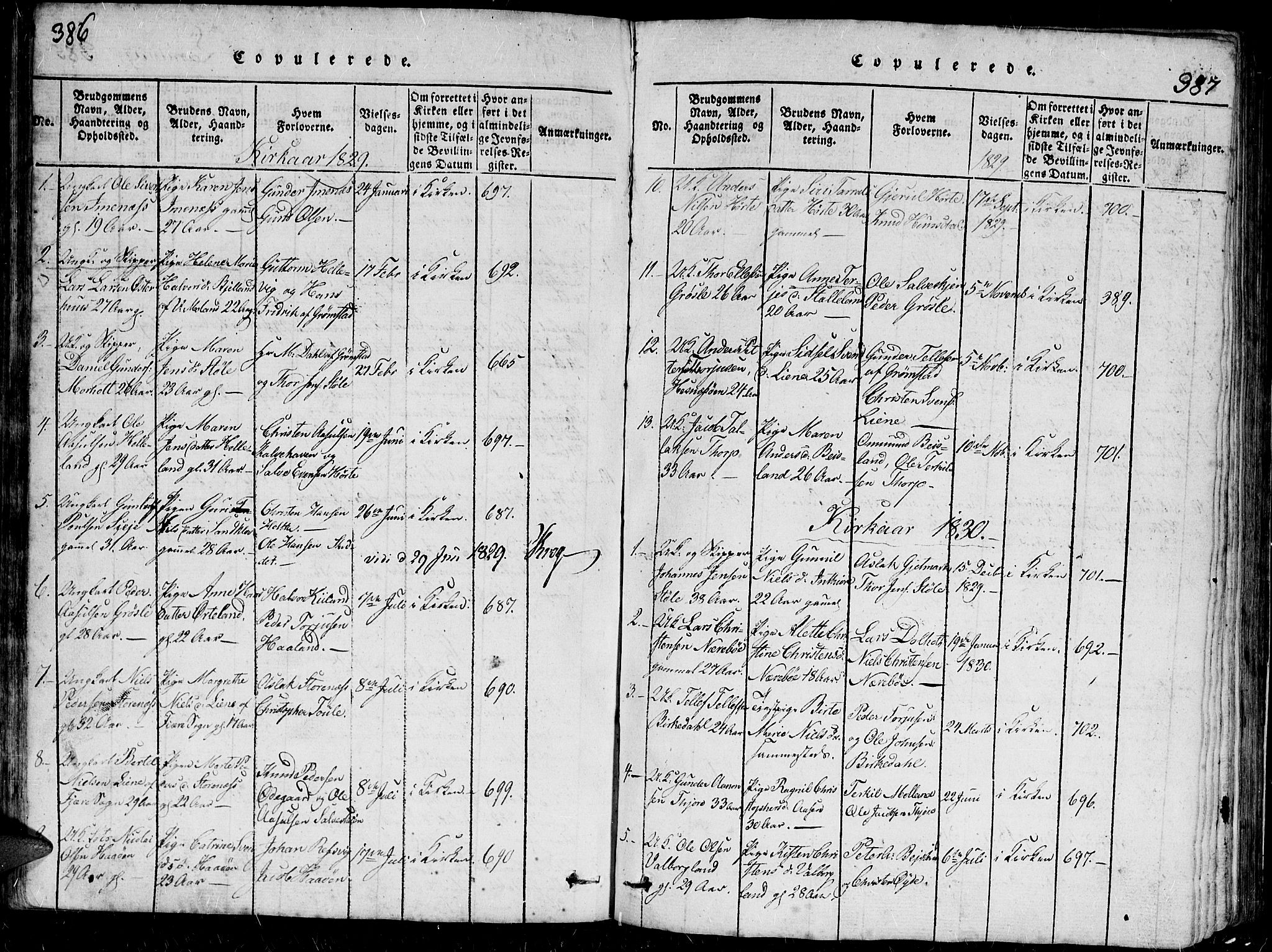 Hommedal sokneprestkontor, SAK/1111-0023/F/Fb/Fbb/L0003: Parish register (copy) no. B 3 /1, 1816-1850, p. 386-387