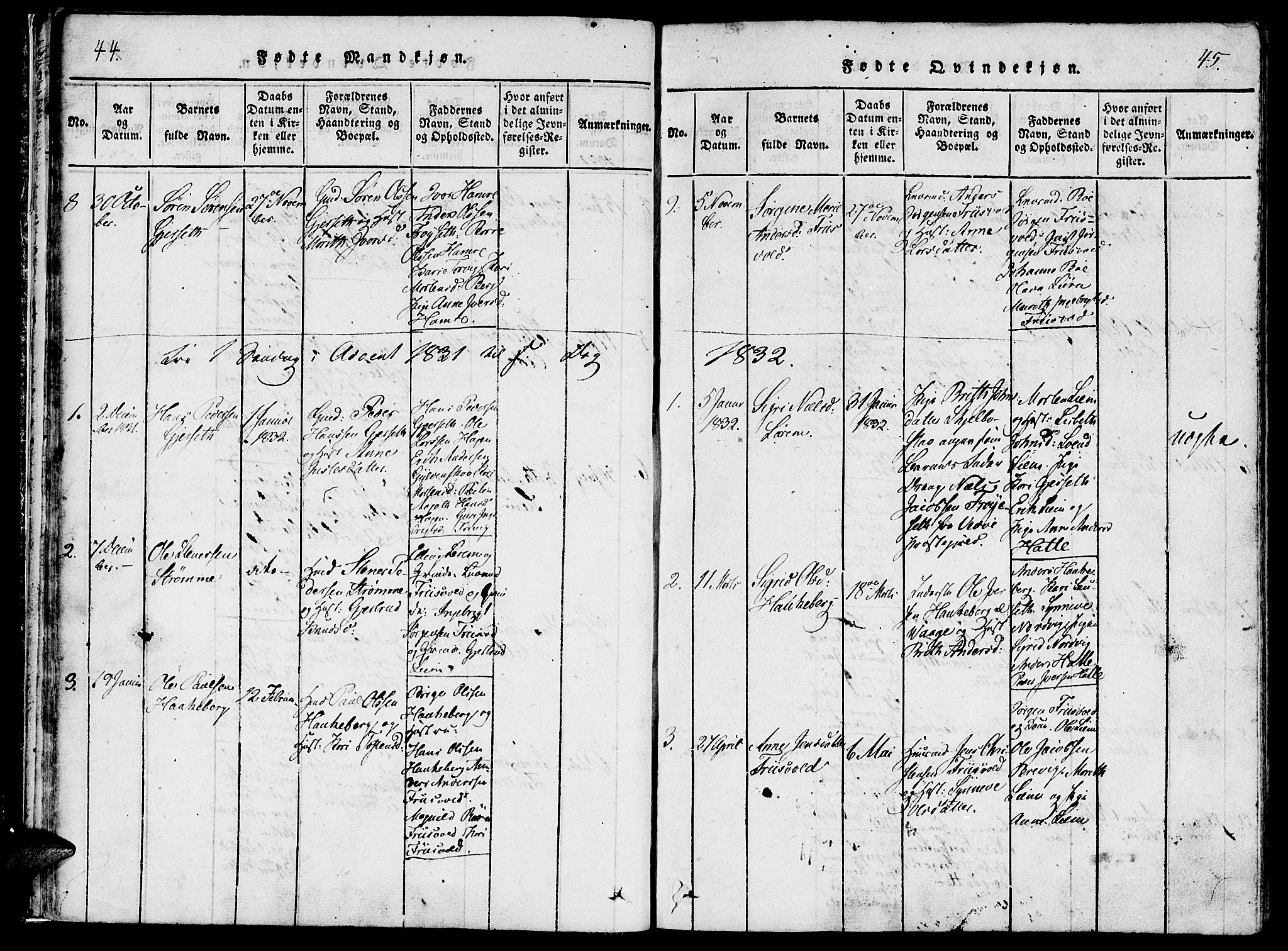 Ministerialprotokoller, klokkerbøker og fødselsregistre - Møre og Romsdal, SAT/A-1454/542/L0551: Parish register (official) no. 542A01, 1818-1853, p. 44-45
