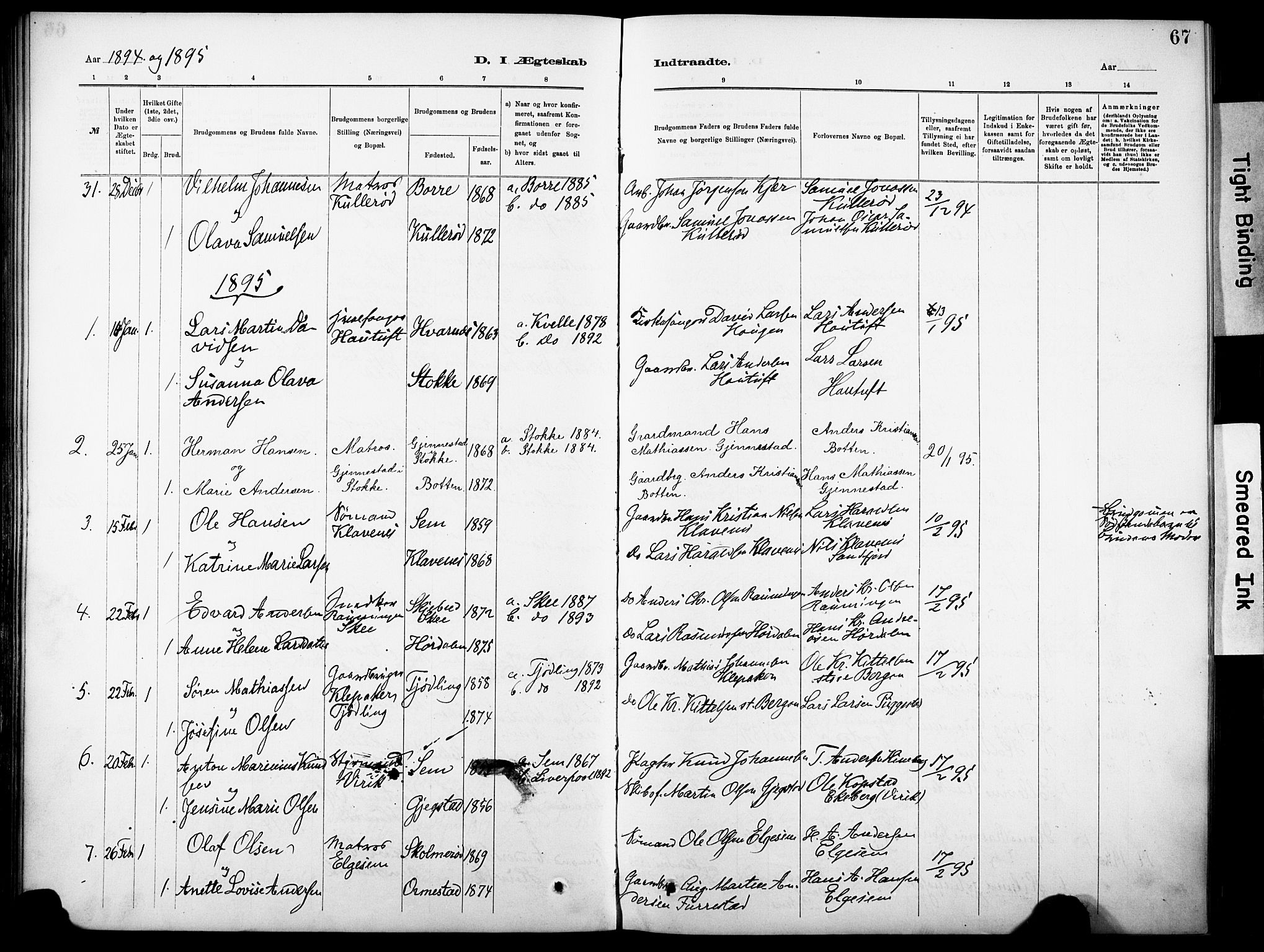 Sandar kirkebøker, SAKO/A-243/F/Fa/L0013: Parish register (official) no. 13, 1883-1895, p. 67