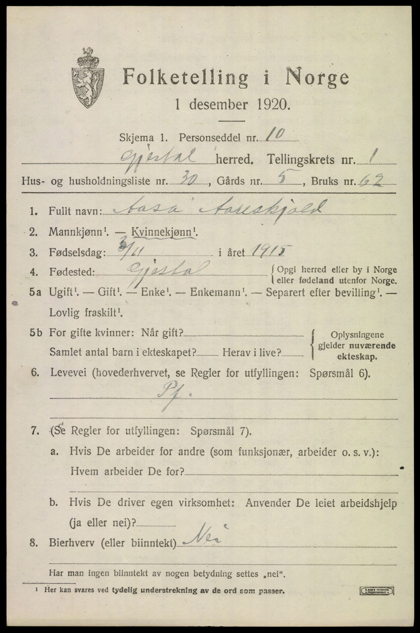 SAST, 1920 census for Gjesdal, 1920, p. 1028