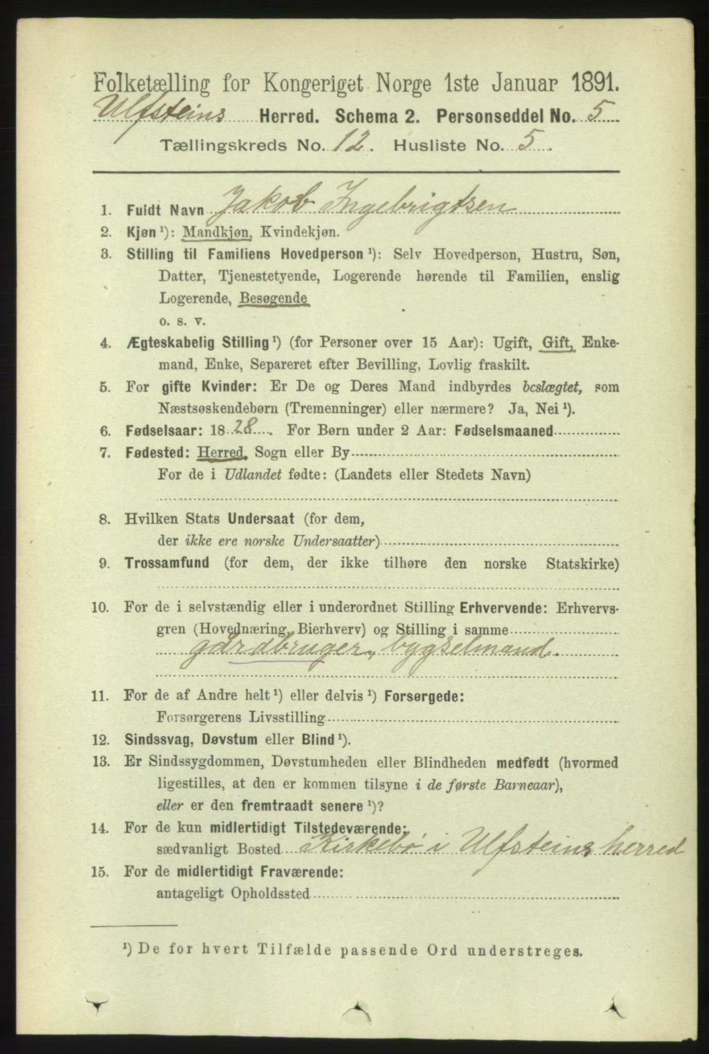 RA, 1891 census for 1516 Ulstein, 1891, p. 3883