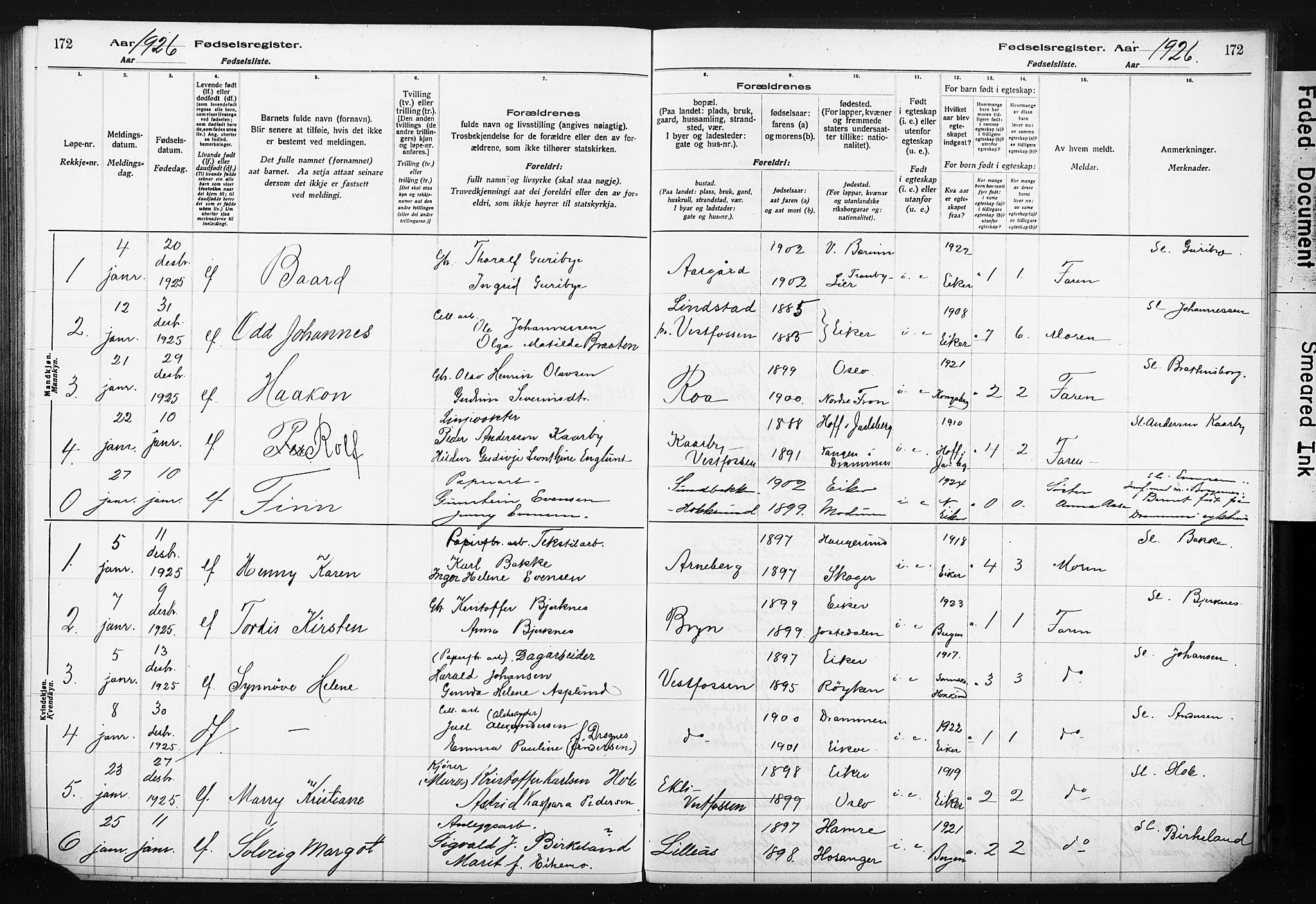 Eiker kirkebøker, AV/SAKO-A-4/J/Ja/L0001: Birth register no. I 1, 1916-1927, p. 172