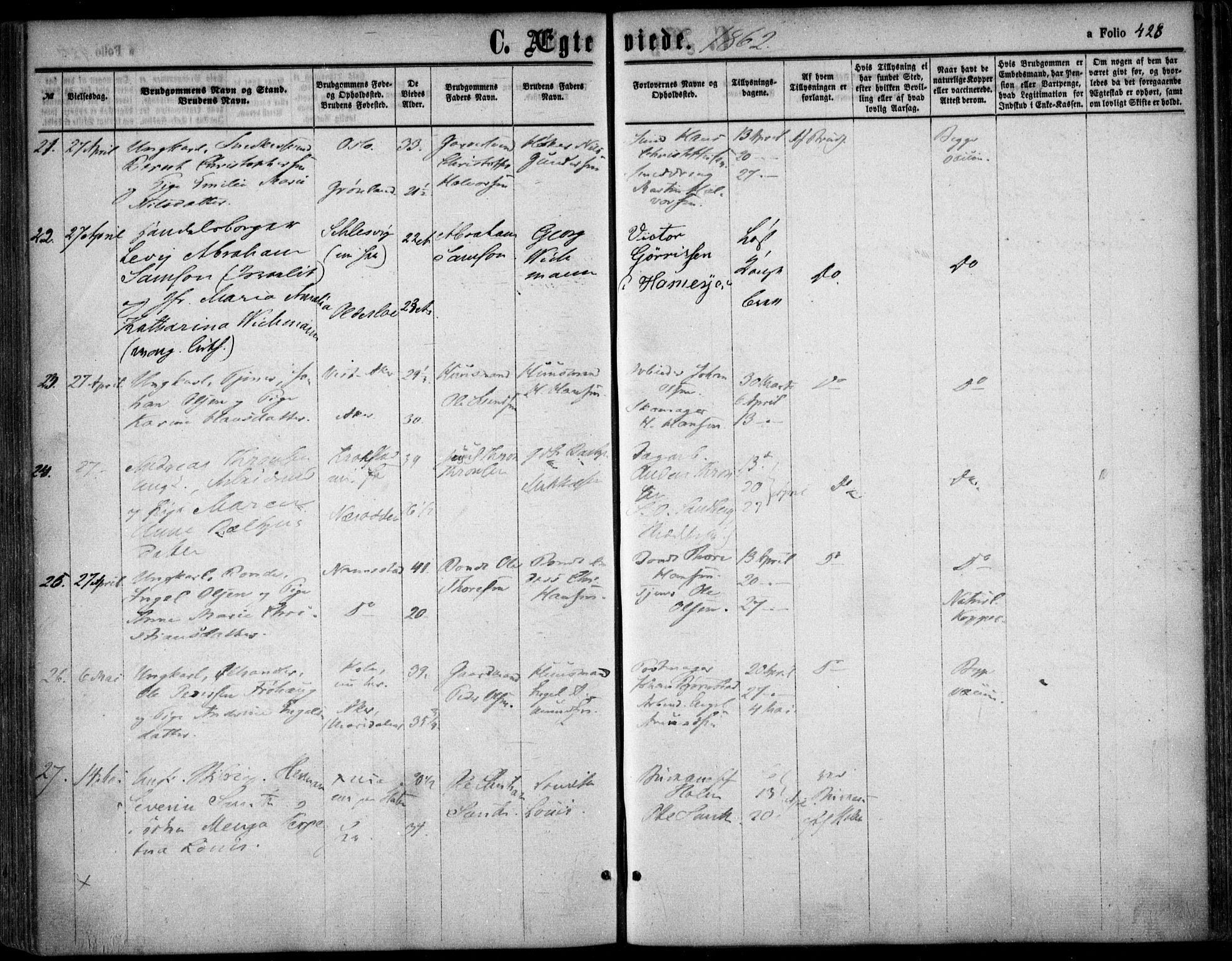 Oslo domkirke Kirkebøker, SAO/A-10752/F/Fa/L0020: Parish register (official) no. 20, 1848-1865, p. 428