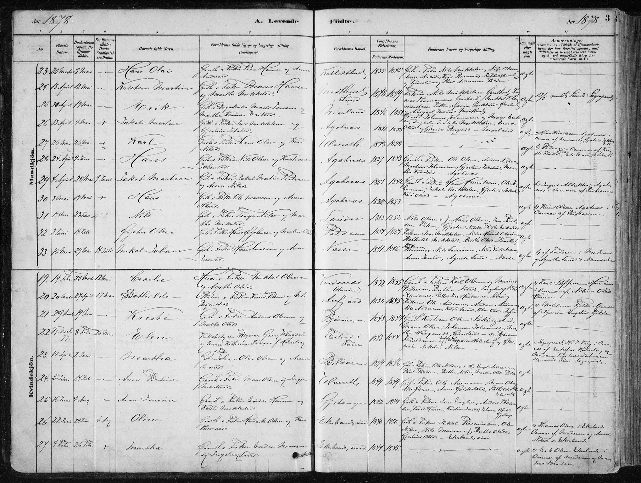 Fjell sokneprestembete, SAB/A-75301/H/Haa: Parish register (official) no. A  8, 1878-1898, p. 3
