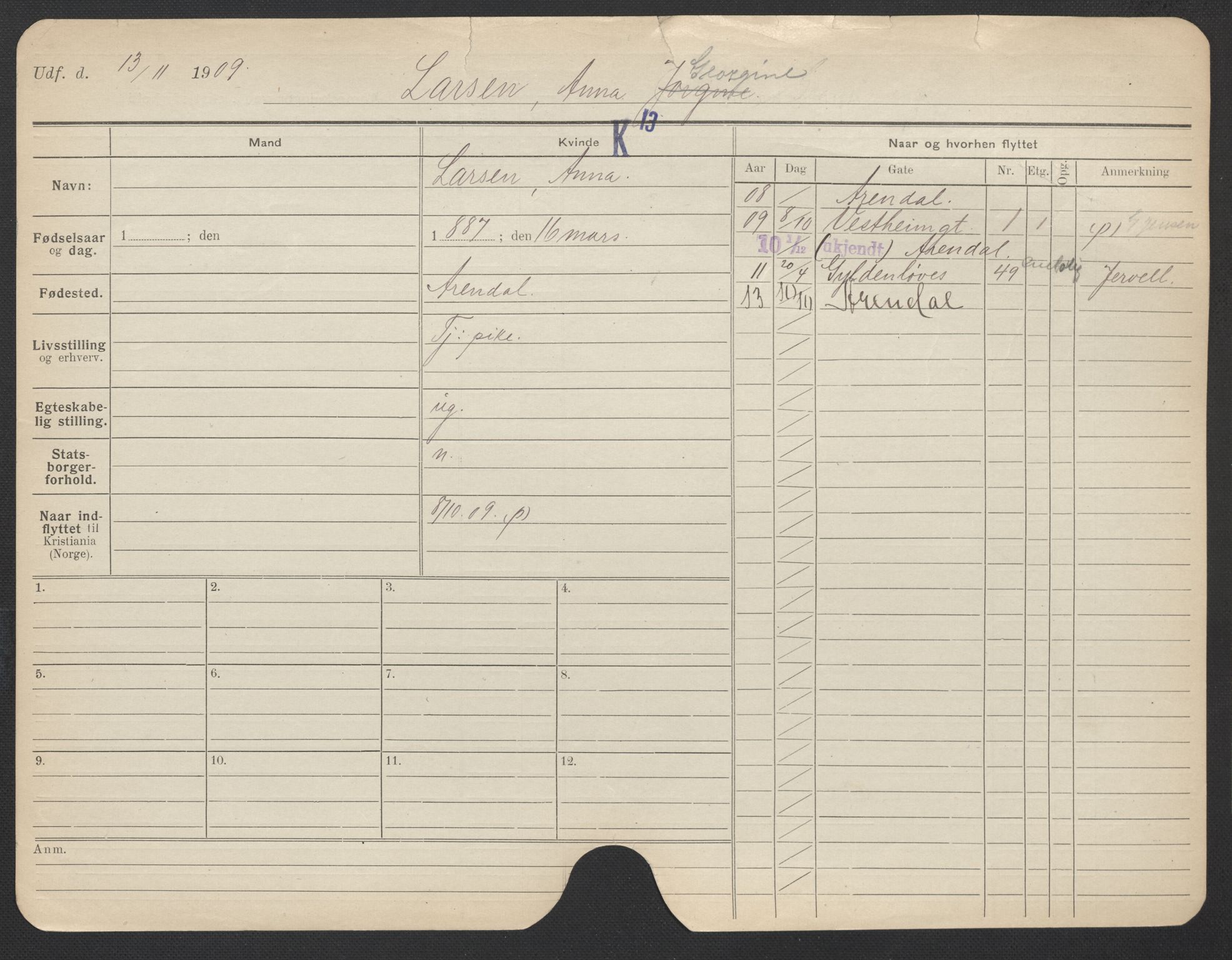 Oslo folkeregister, Registerkort, AV/SAO-A-11715/F/Fa/Fac/L0019: Kvinner, 1906-1914, p. 810a