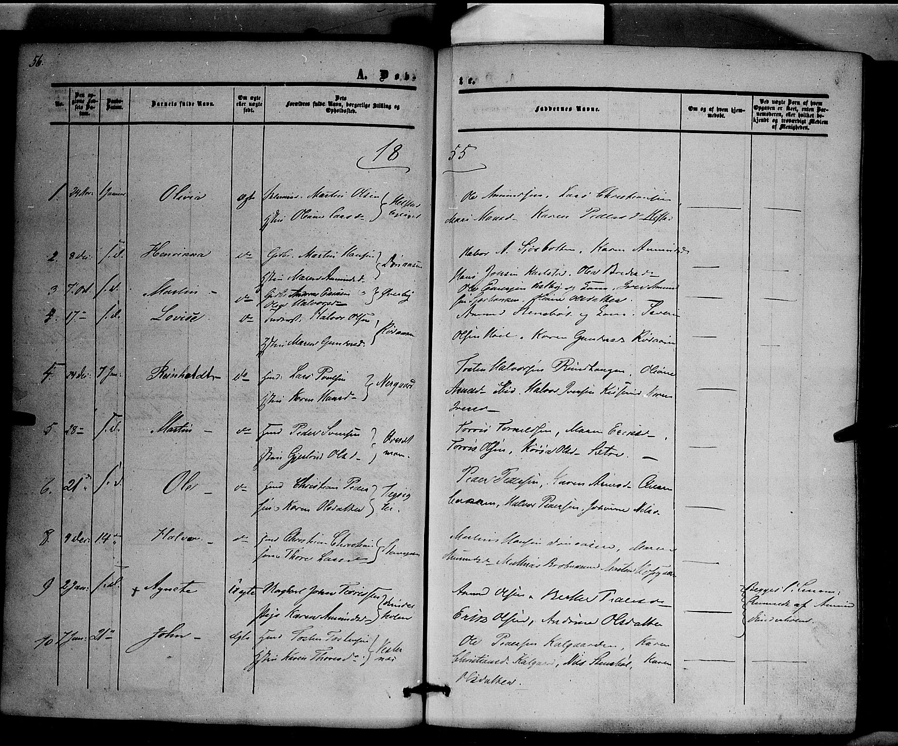 Hof prestekontor, SAH/PREST-038/H/Ha/Haa/L0008: Parish register (official) no. 8, 1849-1861, p. 56