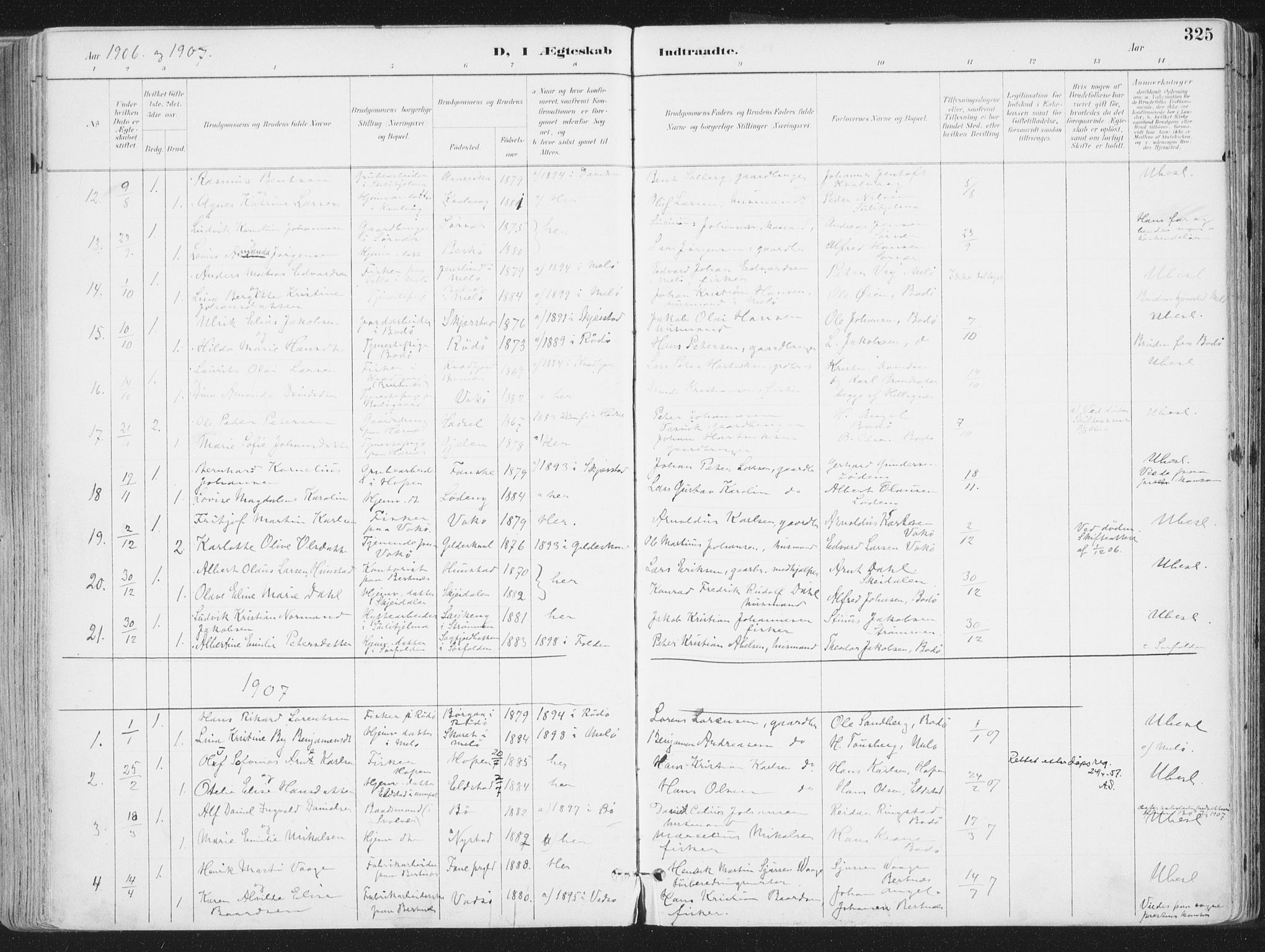 Ministerialprotokoller, klokkerbøker og fødselsregistre - Nordland, SAT/A-1459/802/L0055: Parish register (official) no. 802A02, 1894-1915, p. 325