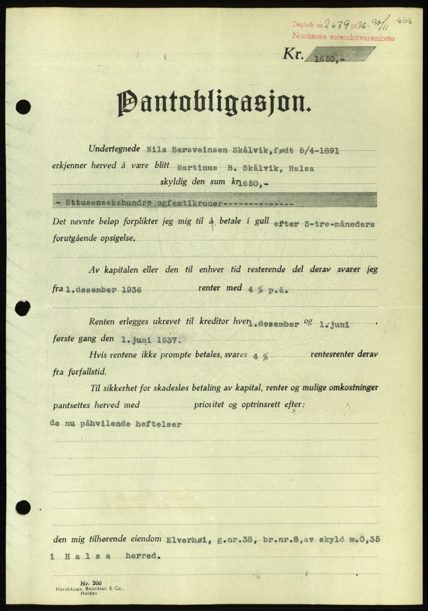 Nordmøre sorenskriveri, AV/SAT-A-4132/1/2/2Ca/L0090: Mortgage book no. B80, 1936-1937, Diary no: : 2679/1936