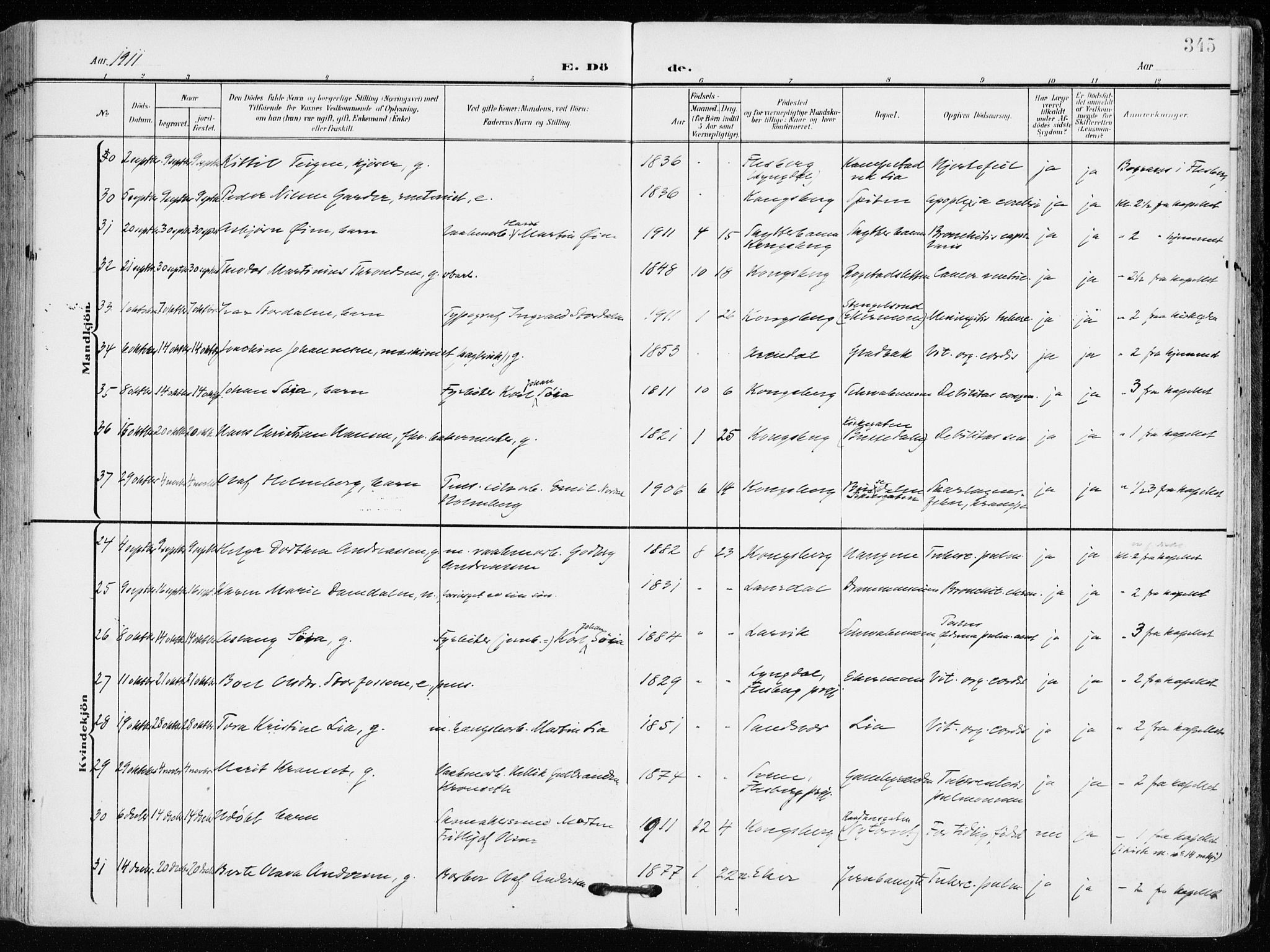 Kongsberg kirkebøker, AV/SAKO-A-22/F/Fb/L0004: Parish register (official) no. II 4, 1906-1918, p. 345