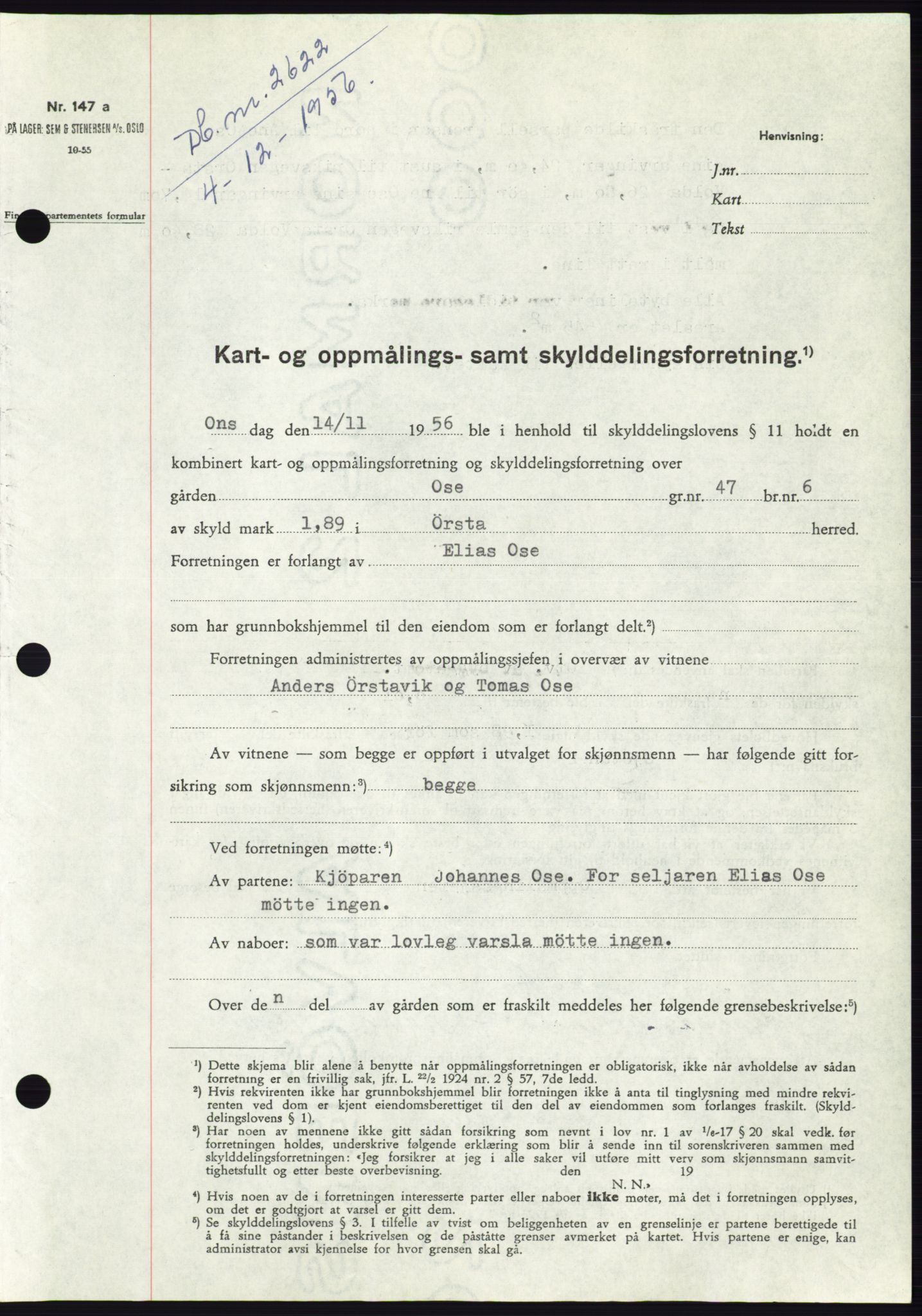 Søre Sunnmøre sorenskriveri, AV/SAT-A-4122/1/2/2C/L0105: Mortgage book no. 31A, 1956-1957, Diary no: : 2622/1956