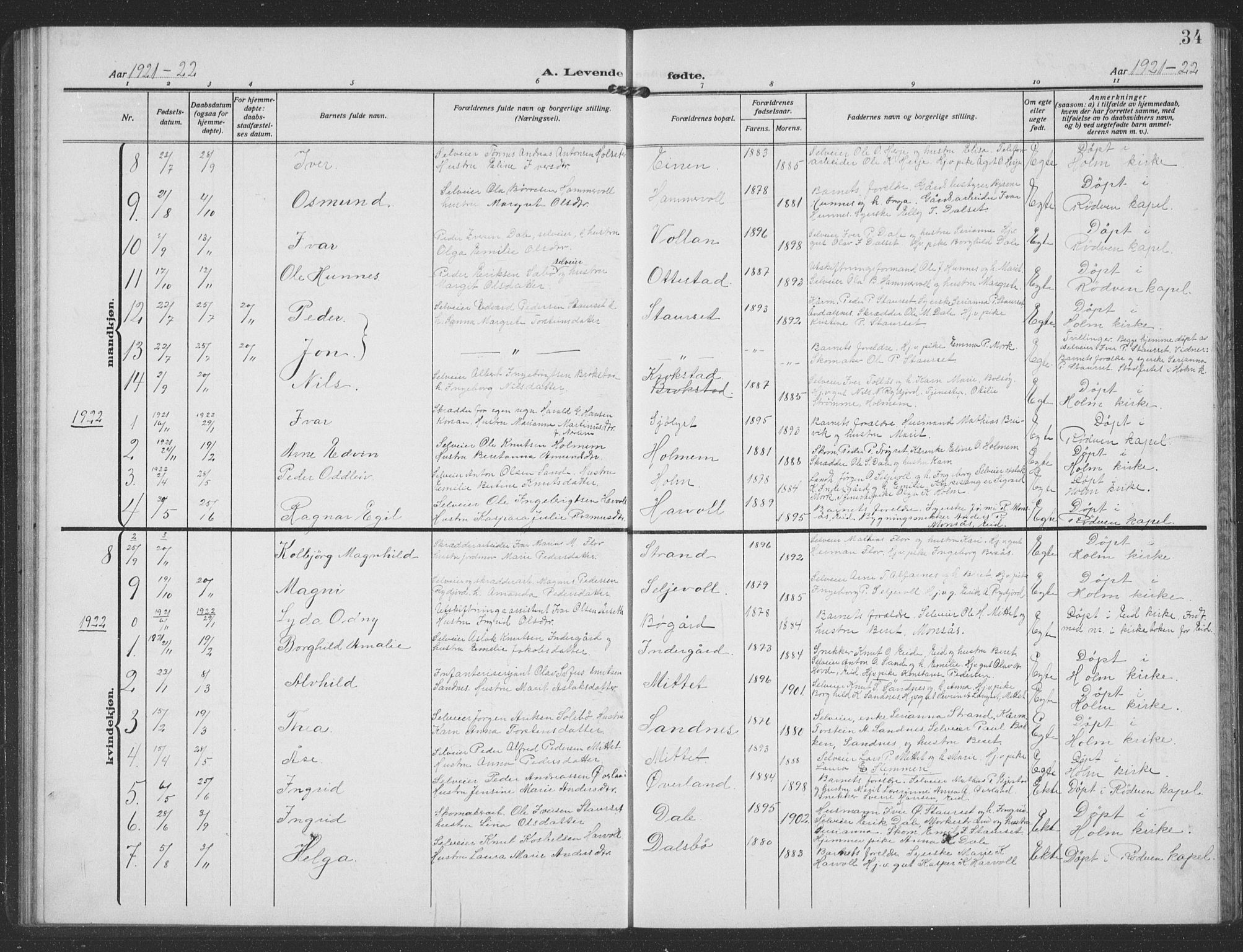 Ministerialprotokoller, klokkerbøker og fødselsregistre - Møre og Romsdal, SAT/A-1454/549/L0615: Parish register (copy) no. 549C01, 1905-1932, p. 34