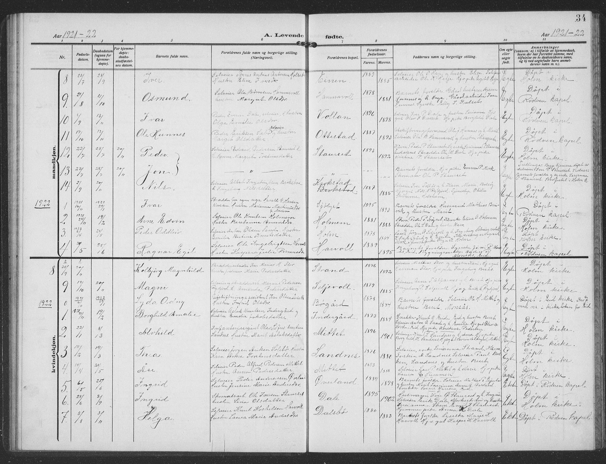 Ministerialprotokoller, klokkerbøker og fødselsregistre - Møre og Romsdal, AV/SAT-A-1454/549/L0615: Parish register (copy) no. 549C01, 1905-1932, p. 34