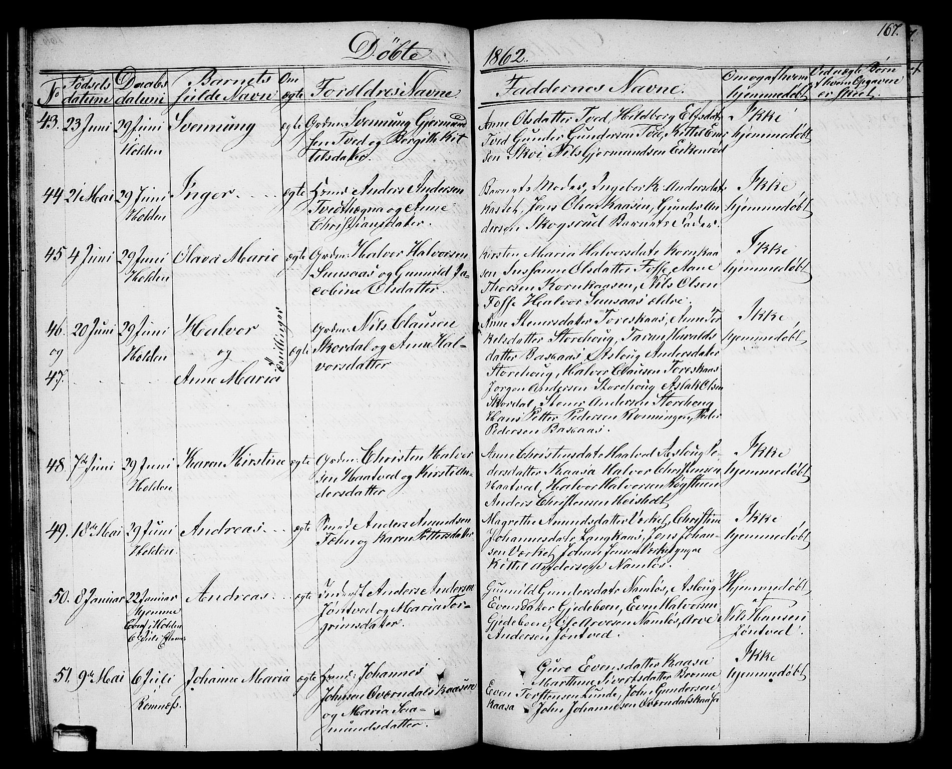 Holla kirkebøker, AV/SAKO-A-272/G/Ga/L0003: Parish register (copy) no. I 3, 1849-1866, p. 167