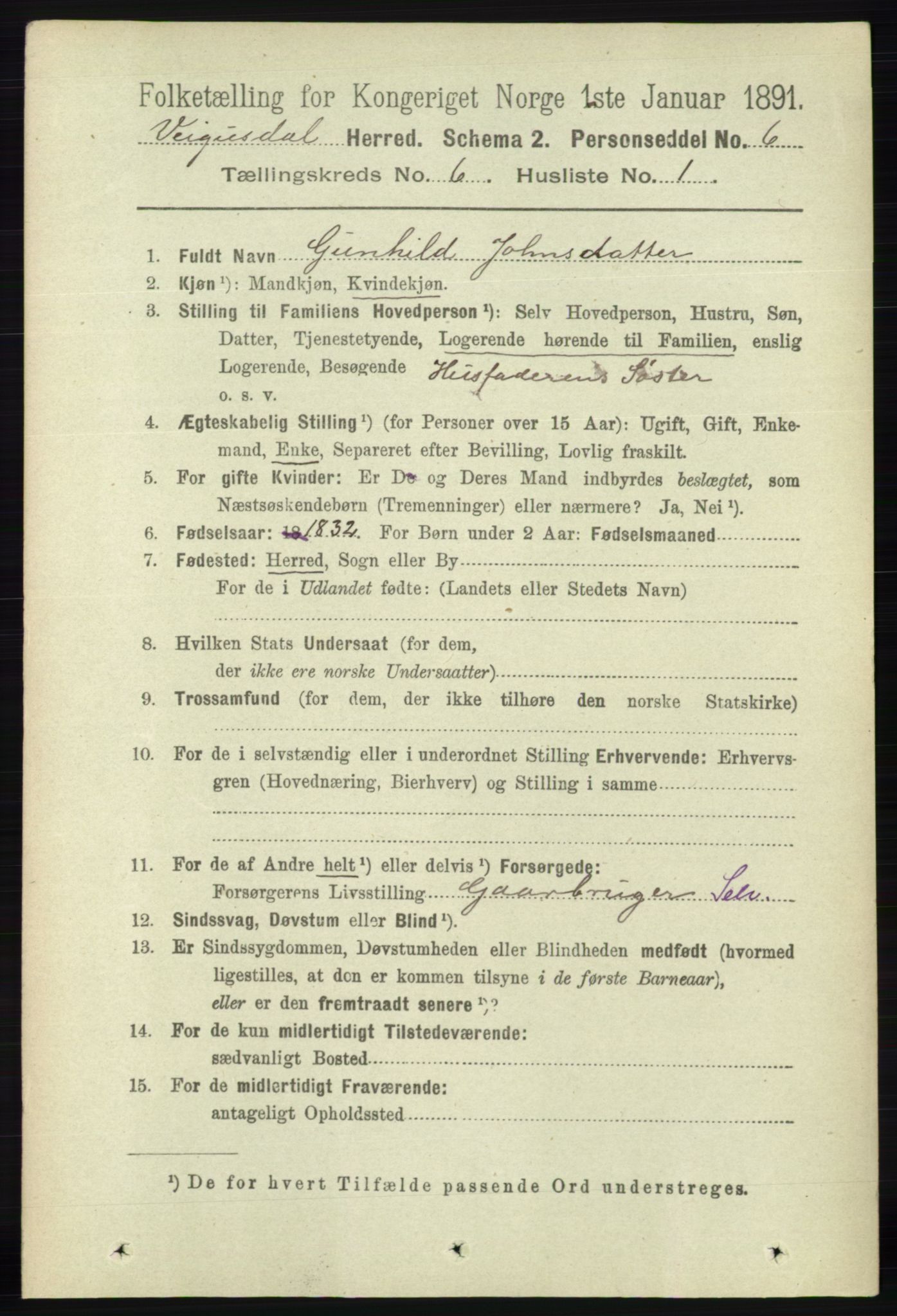 RA, 1891 census for 0934 Vegusdal, 1891, p. 1084