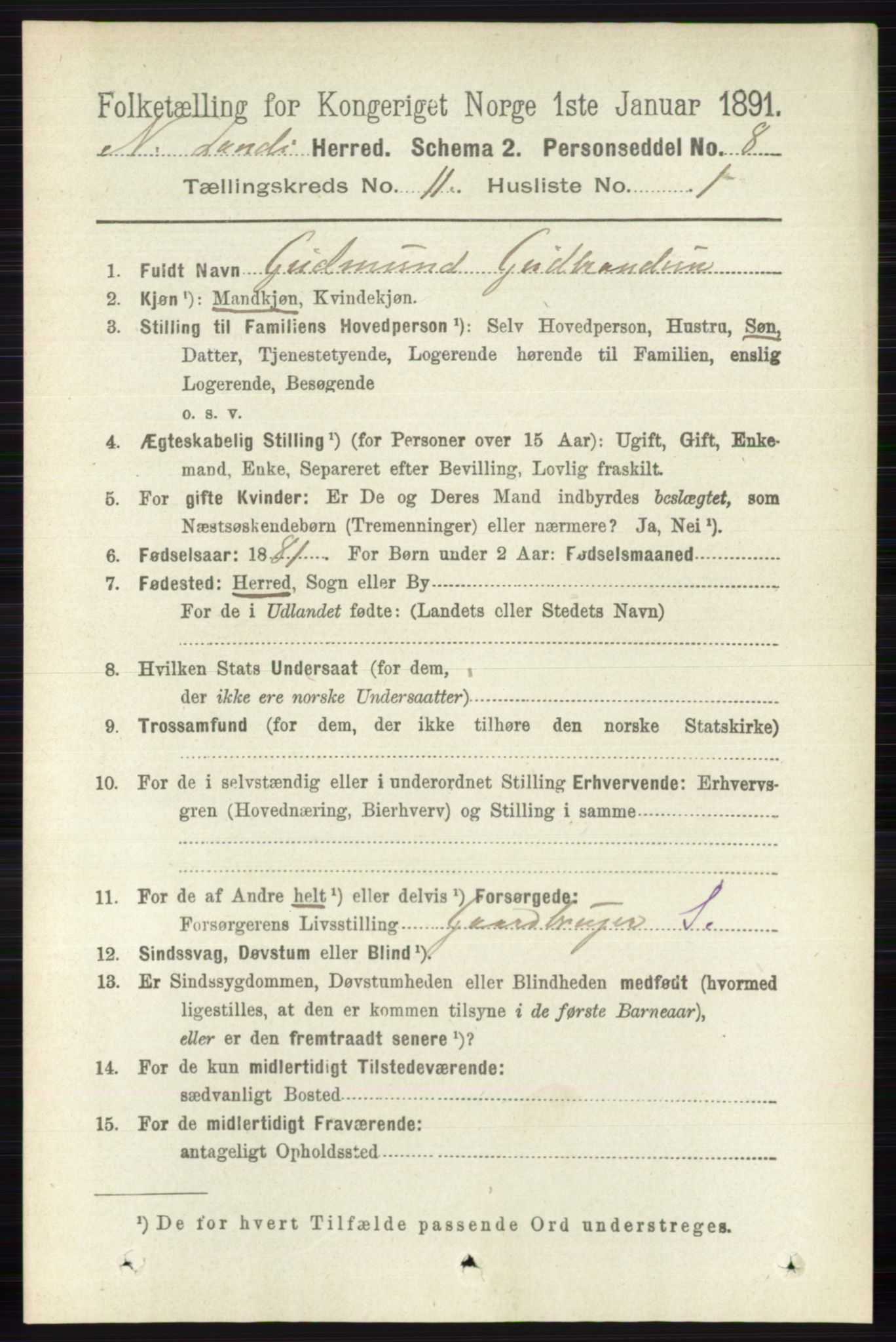 RA, 1891 census for 0538 Nordre Land, 1891, p. 3037