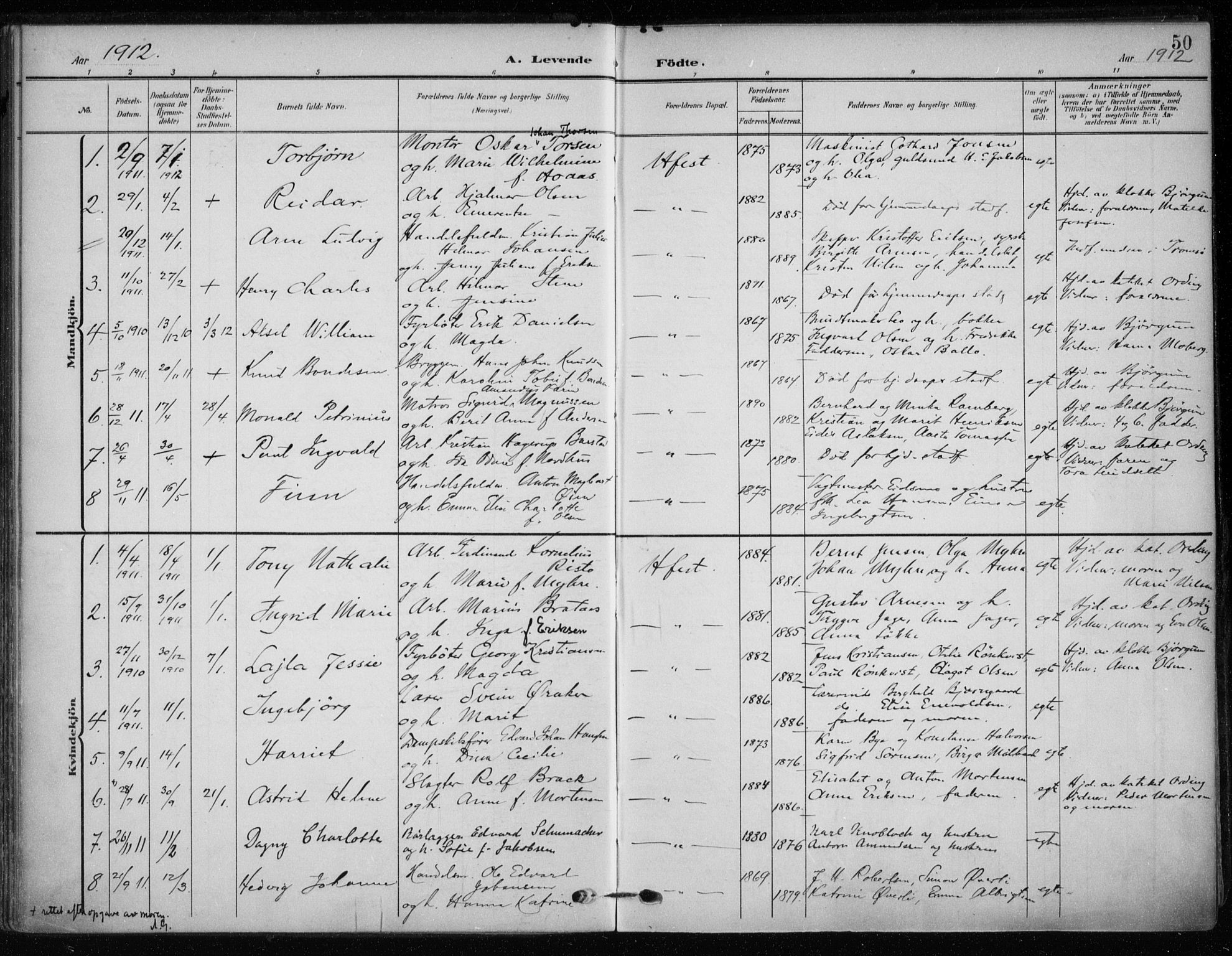Hammerfest sokneprestkontor, SATØ/S-1347/H/Ha/L0014.kirke: Parish register (official) no. 14, 1906-1916, p. 50