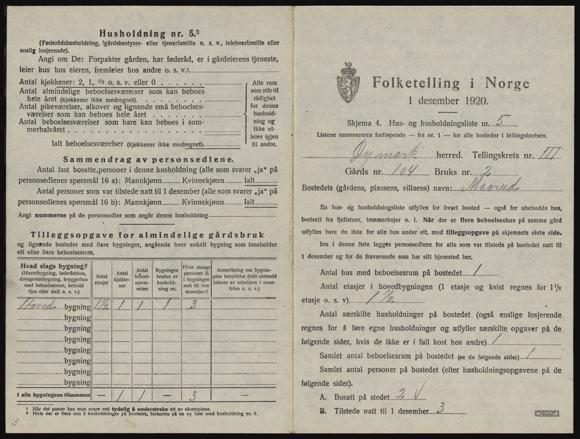 SAO, 1920 census for Øymark, 1920, p. 285