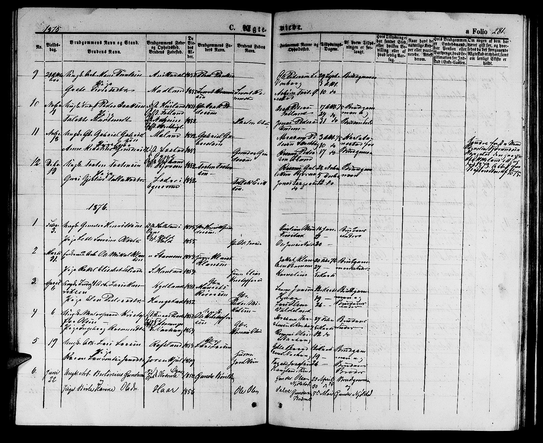 Hå sokneprestkontor, AV/SAST-A-101801/001/30BB/L0002: Parish register (copy) no. B 2, 1854-1883, p. 281