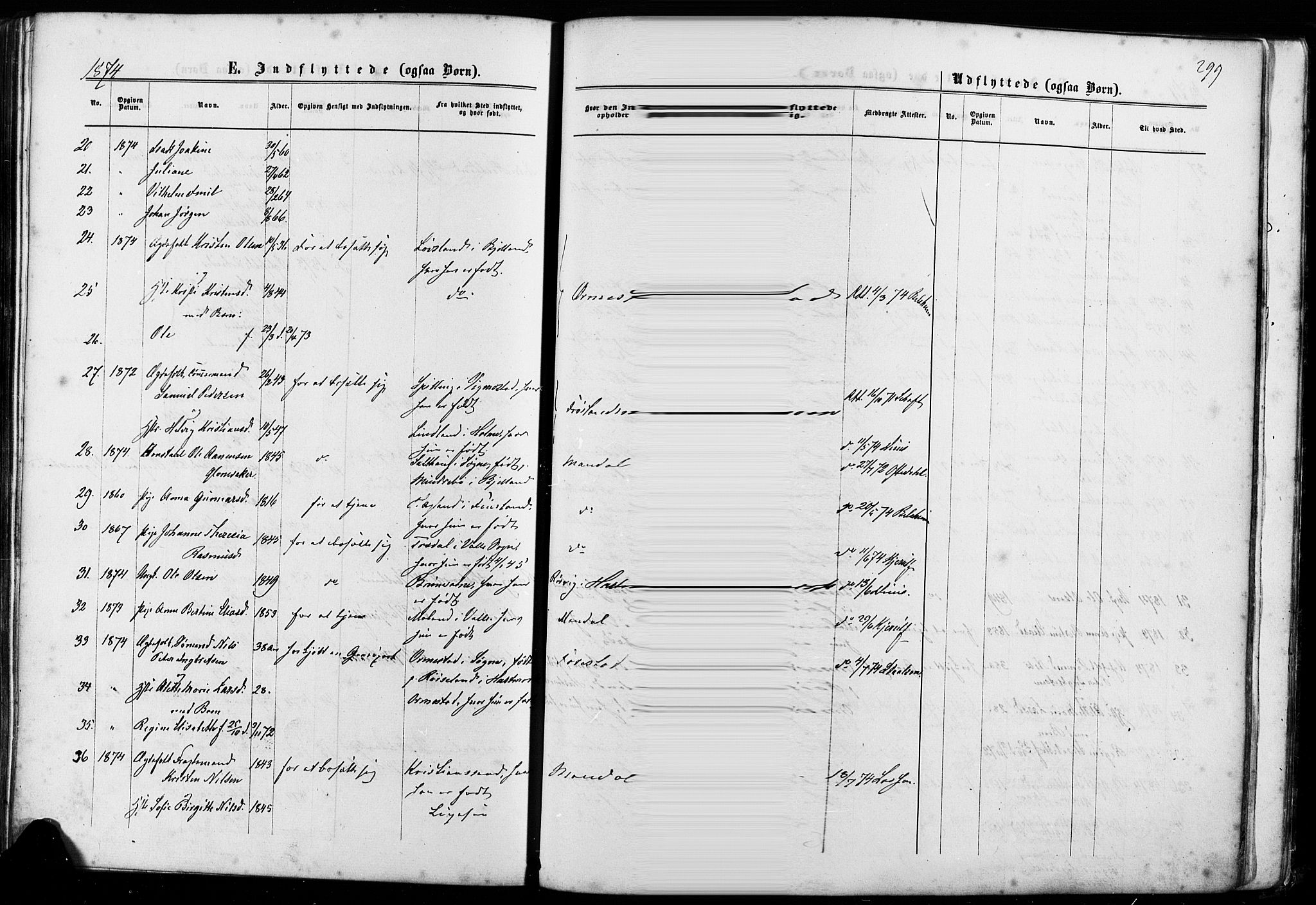 Mandal sokneprestkontor, SAK/1111-0030/F/Fa/Faa/L0015: Parish register (official) no. A 15, 1873-1879, p. 299