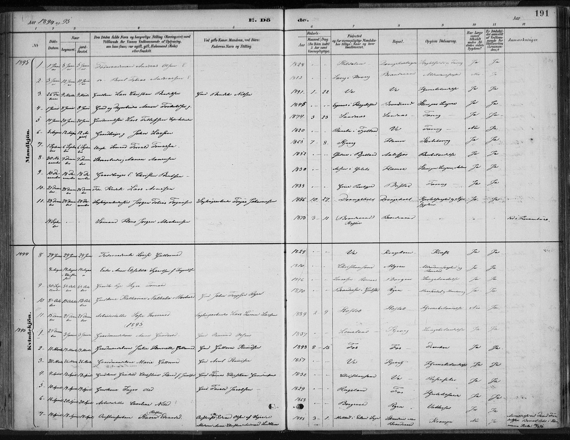 Tveit sokneprestkontor, AV/SAK-1111-0043/F/Fa/L0007: Parish register (official) no. A 7, 1887-1908, p. 191