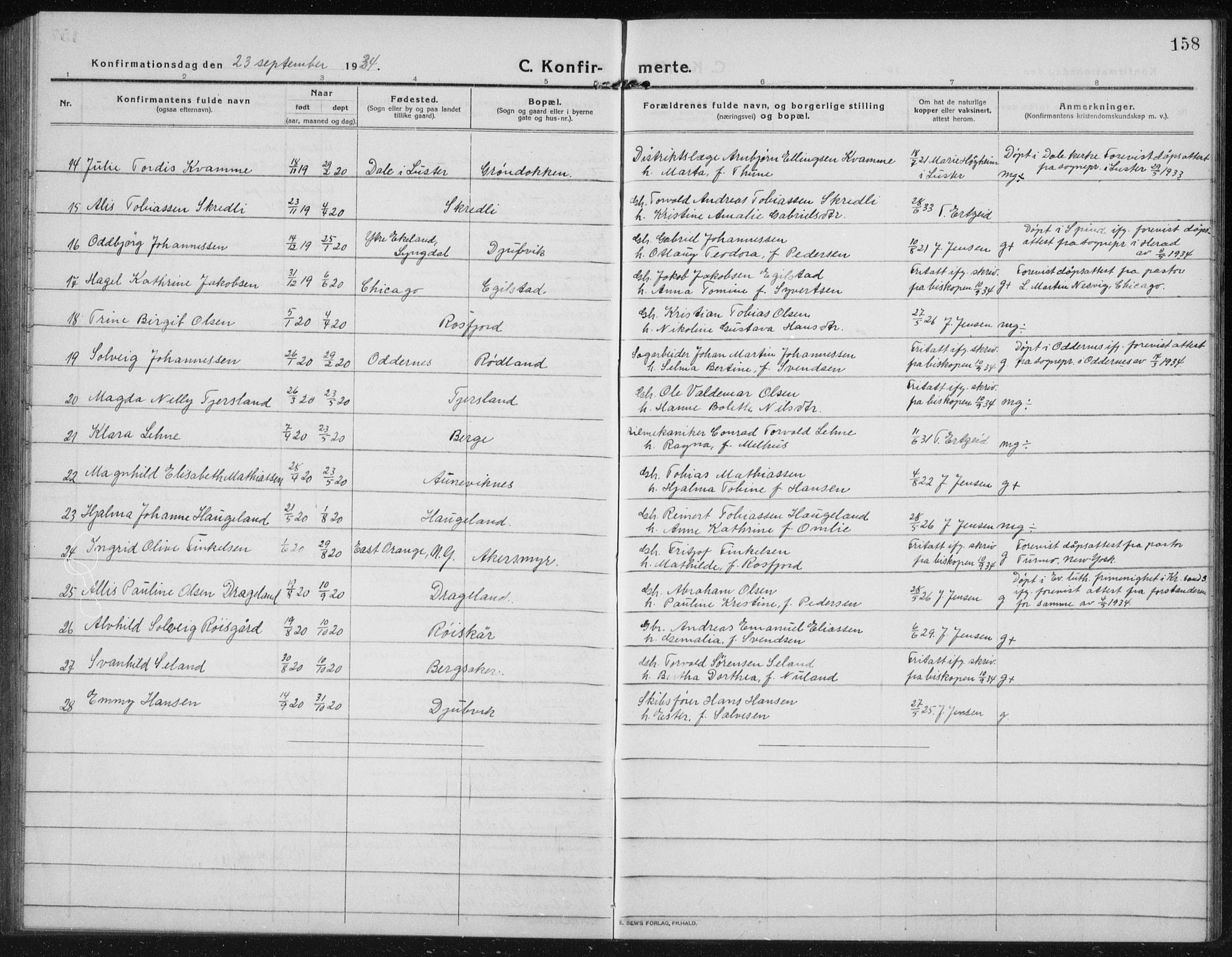 Lyngdal sokneprestkontor, AV/SAK-1111-0029/F/Fb/Fbc/L0006: Parish register (copy) no. B 6, 1914-1934, p. 158