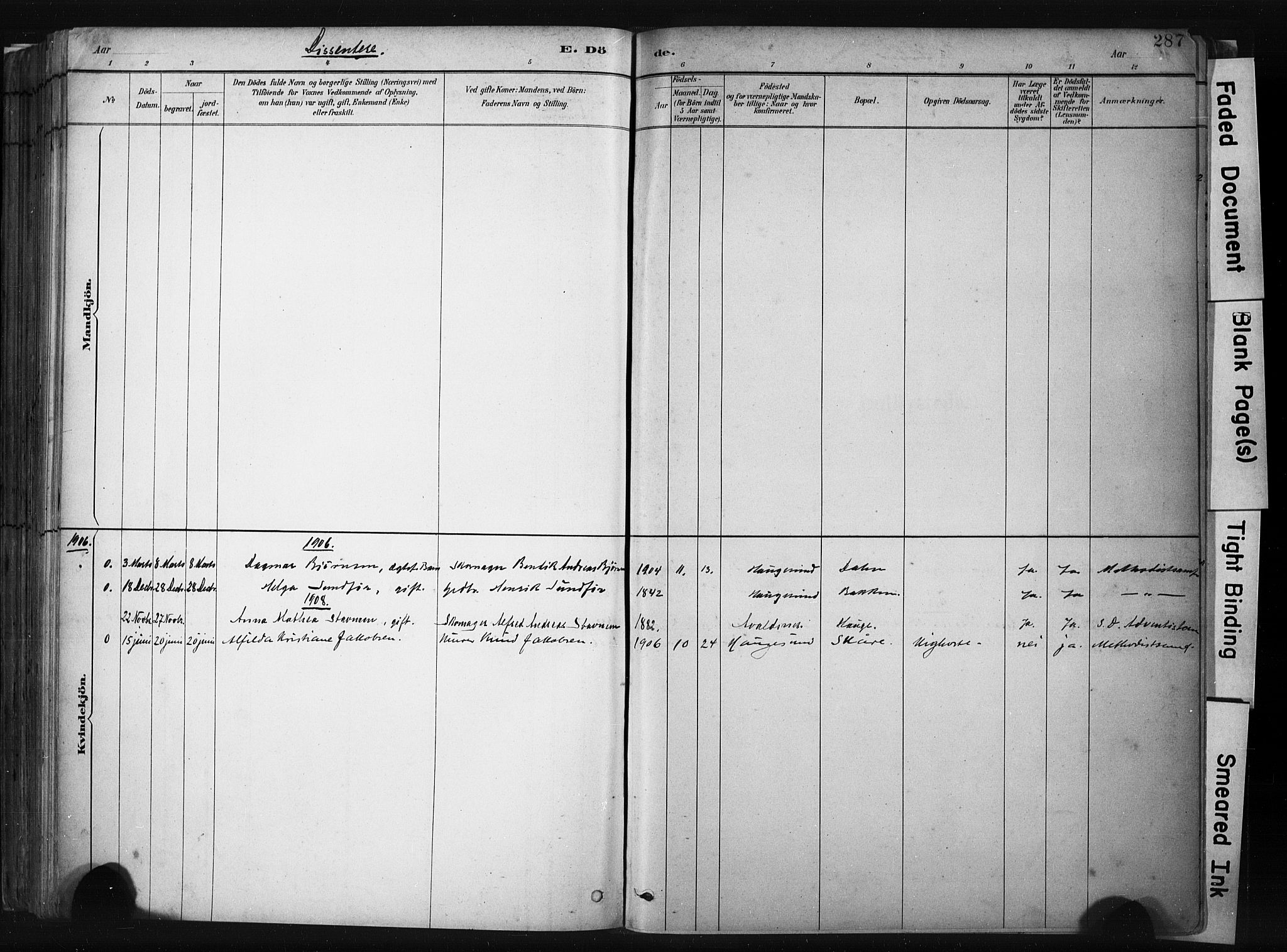 Haugesund sokneprestkontor, SAST/A -101863/H/Ha/Haa/L0004: Parish register (official) no. A 4, 1886-1908, p. 287