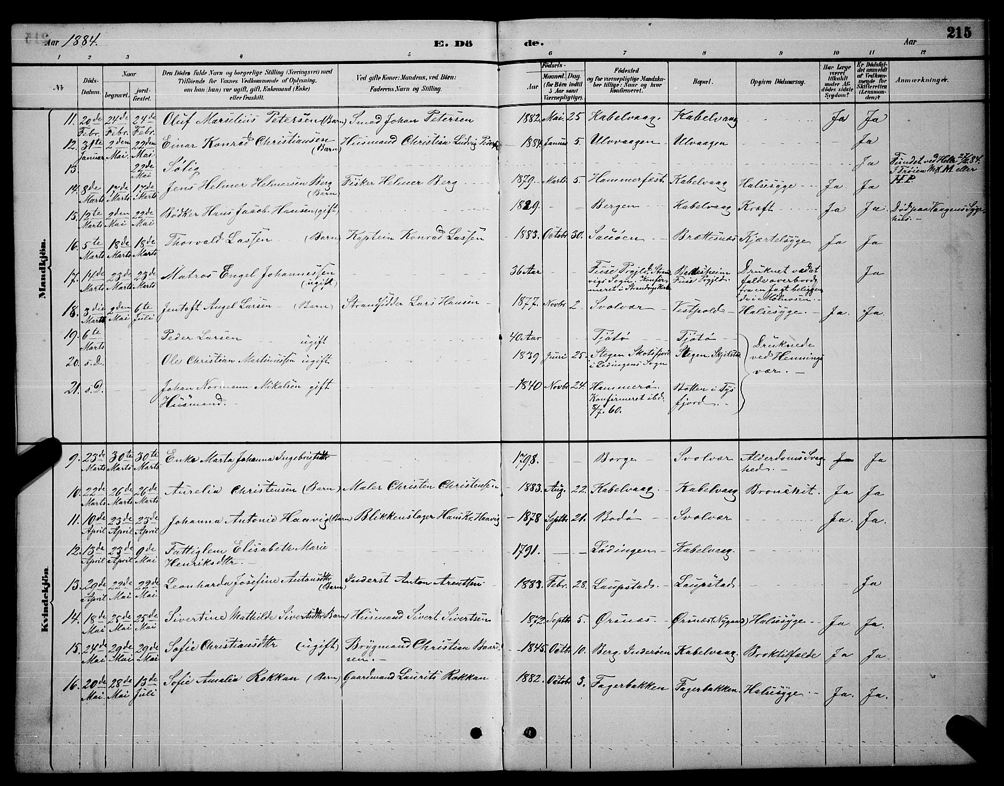 Ministerialprotokoller, klokkerbøker og fødselsregistre - Nordland, AV/SAT-A-1459/874/L1076: Parish register (copy) no. 874C05, 1884-1890, p. 215