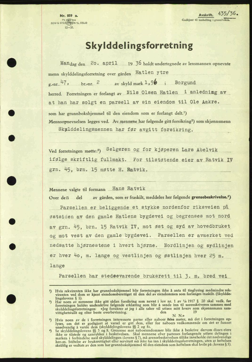 Nordre Sunnmøre sorenskriveri, AV/SAT-A-0006/1/2/2C/2Ca: Mortgage book no. A1, 1936-1936, Diary no: : 435/1936