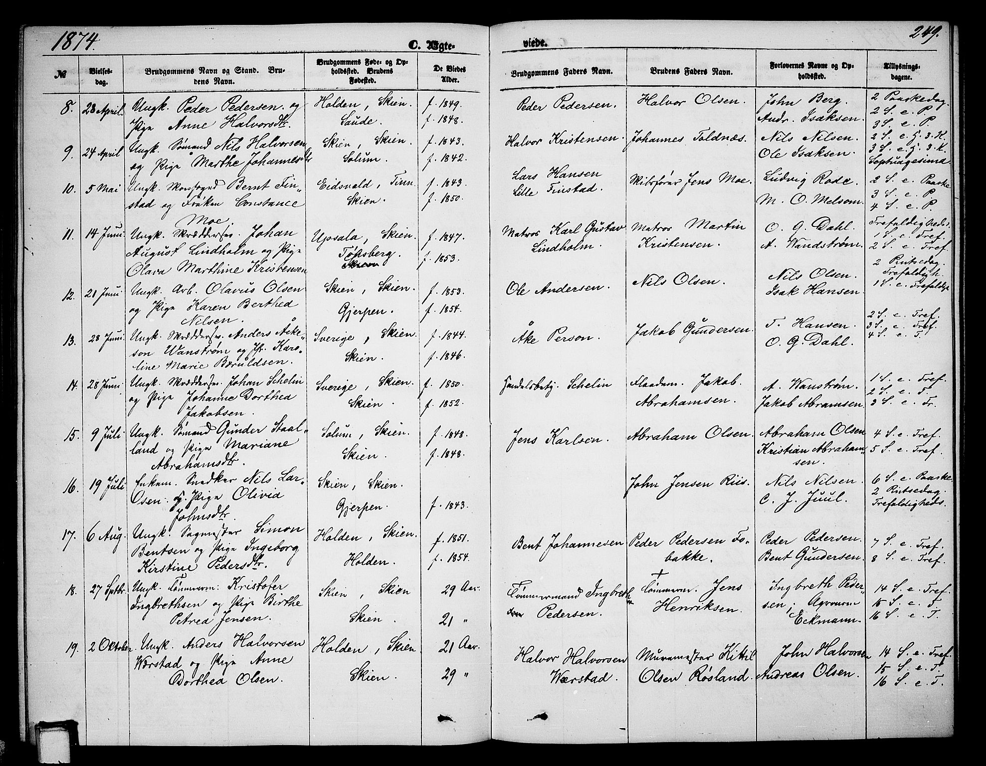 Skien kirkebøker, SAKO/A-302/G/Ga/L0005: Parish register (copy) no. 5, 1868-1880, p. 249