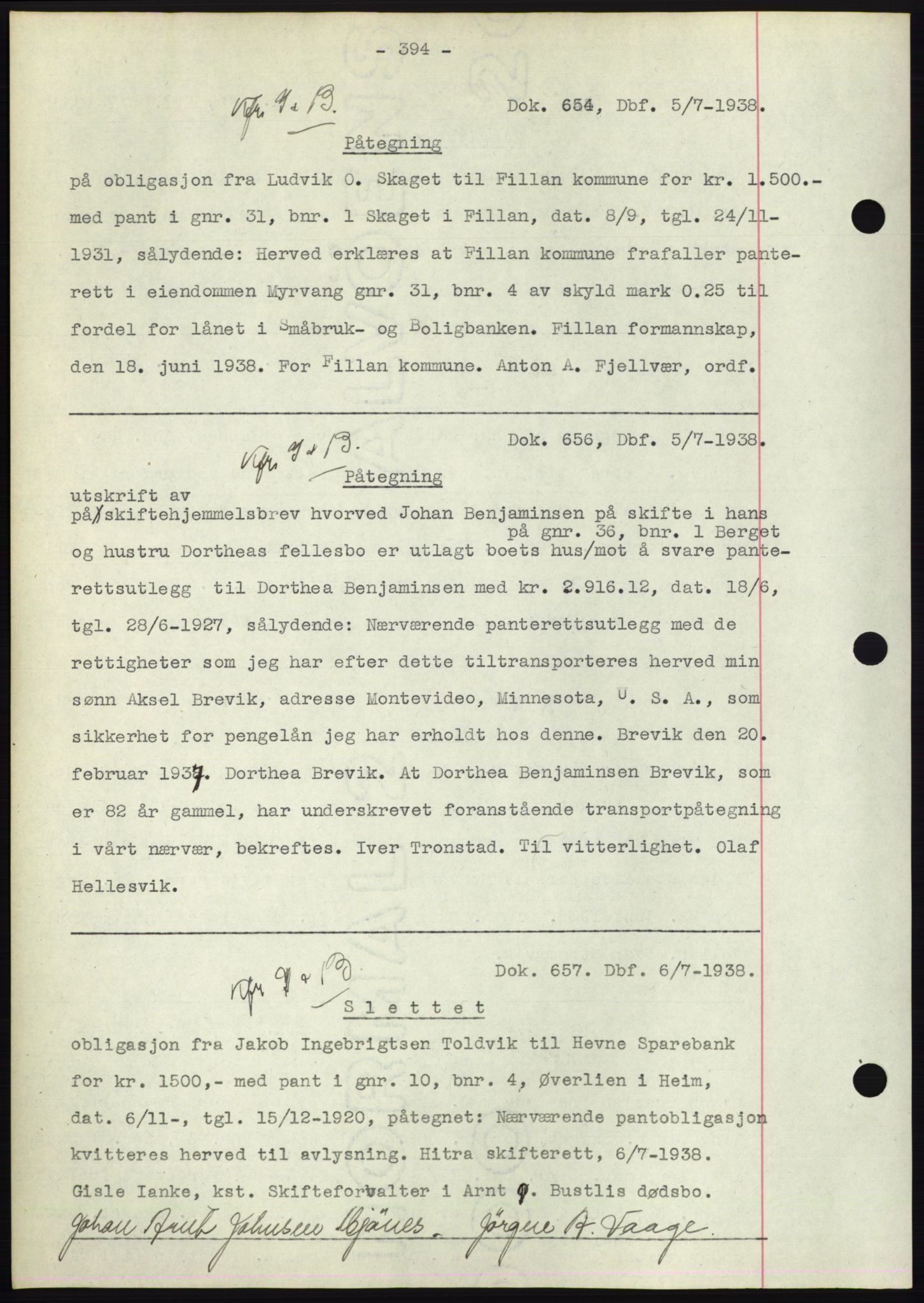 Hitra sorenskriveri, AV/SAT-A-0018/2/2C/2Ca: Mortgage book no. C1, 1936-1945, Diary no: : 654/1938