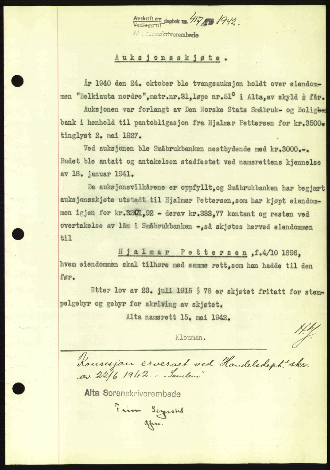 Alta fogderi/sorenskriveri, SATØ/SATØ-5/1/K/Kd/L0033pantebok: Mortgage book no. 33, 1940-1943, Diary no: : 417/1942