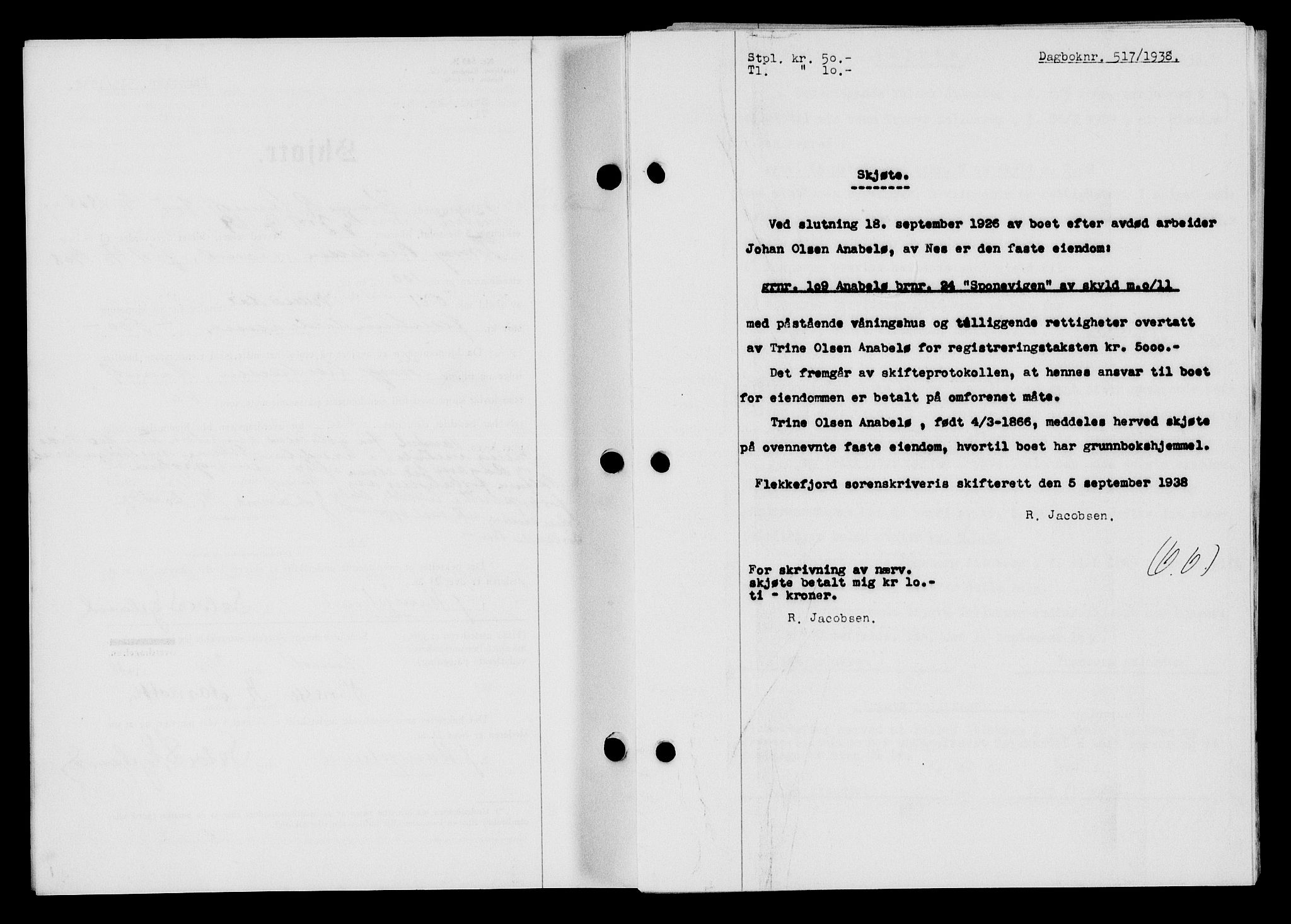 Flekkefjord sorenskriveri, SAK/1221-0001/G/Gb/Gba/L0054: Mortgage book no. A-2, 1937-1938, Diary no: : 517/1938