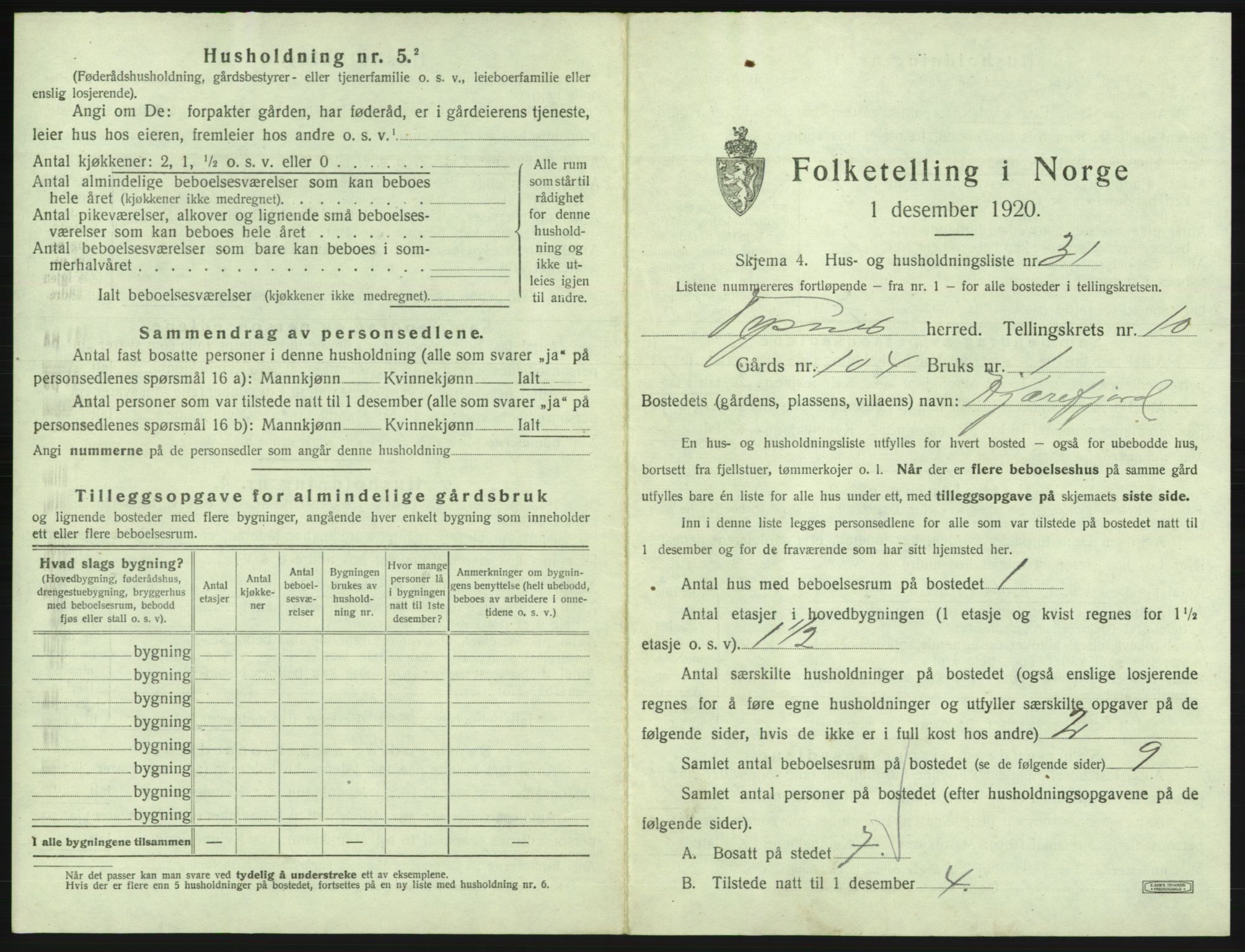 SAB, 1920 census for Tysnes, 1920, p. 1047